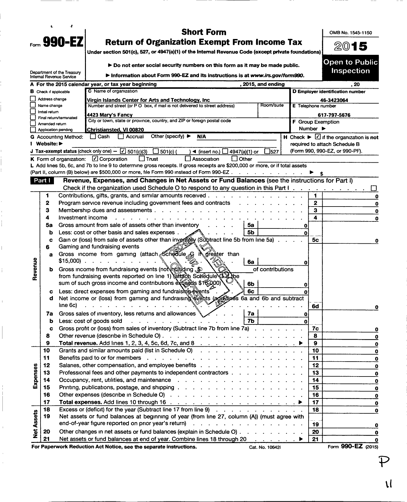 Image of first page of 2015 Form 990EZ for Virgin Islands Center for Arts and Technology