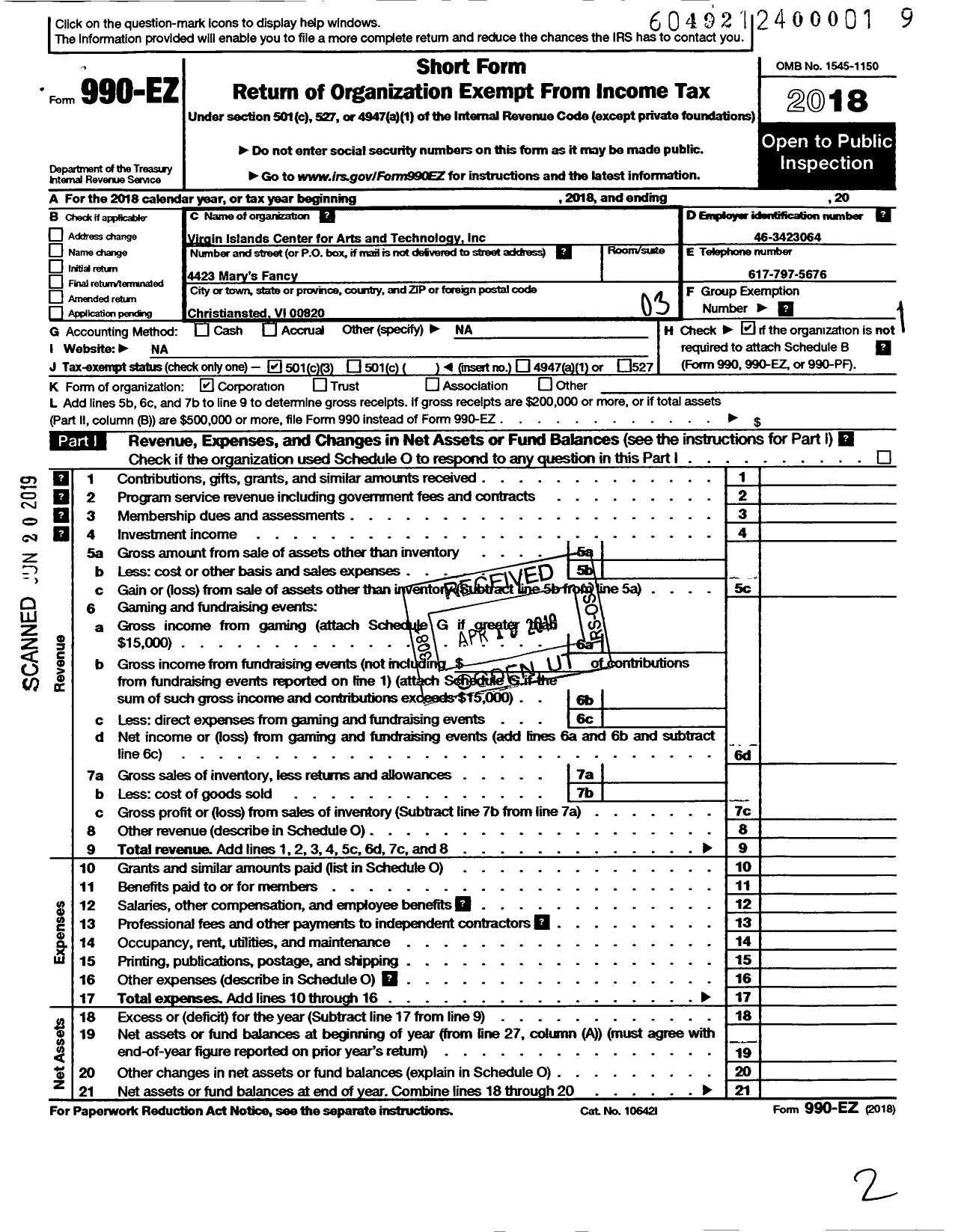 Image of first page of 2018 Form 990EZ for Virgin Islands Center for Arts and Technology