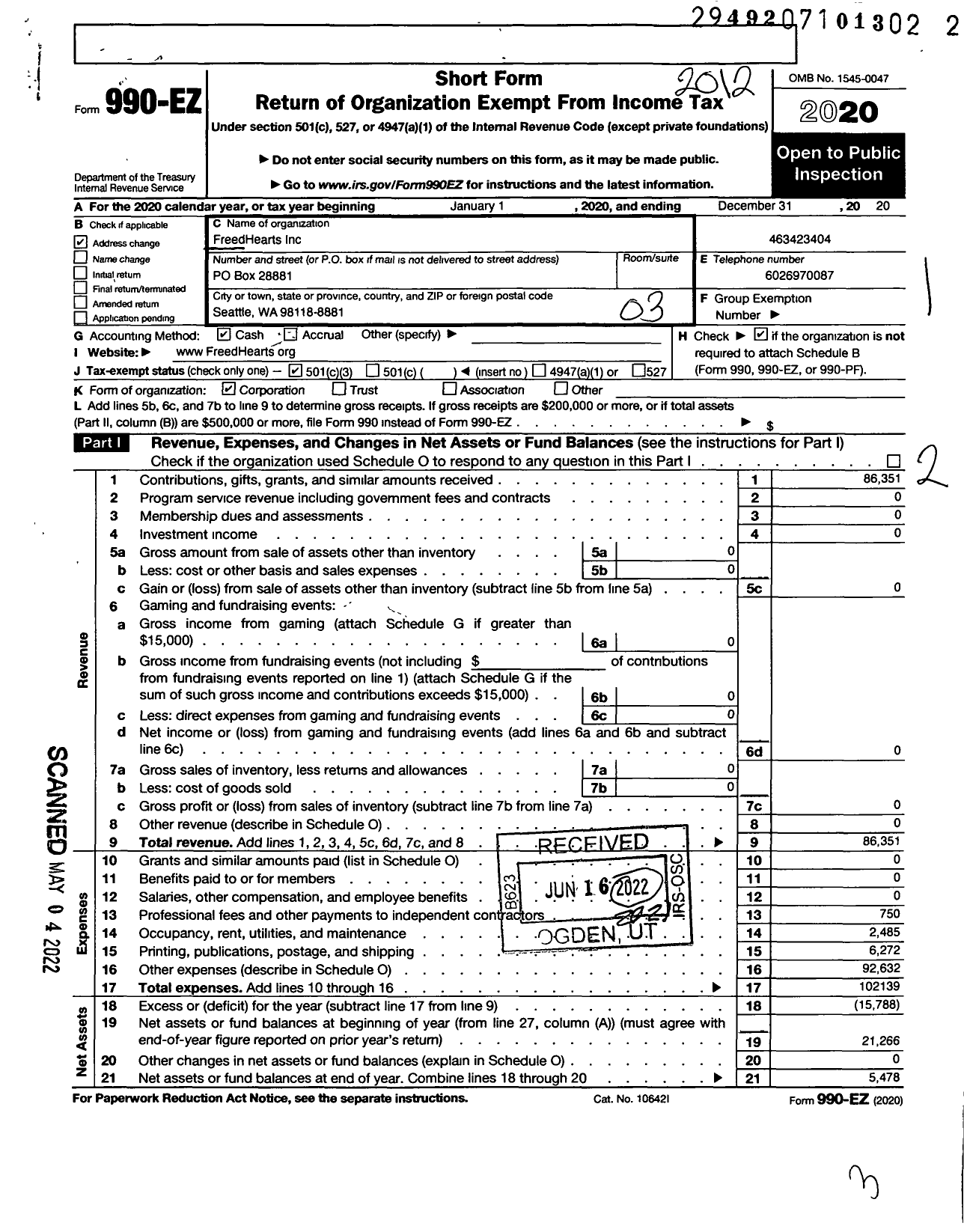 Image of first page of 2020 Form 990EZ for FreedHearts