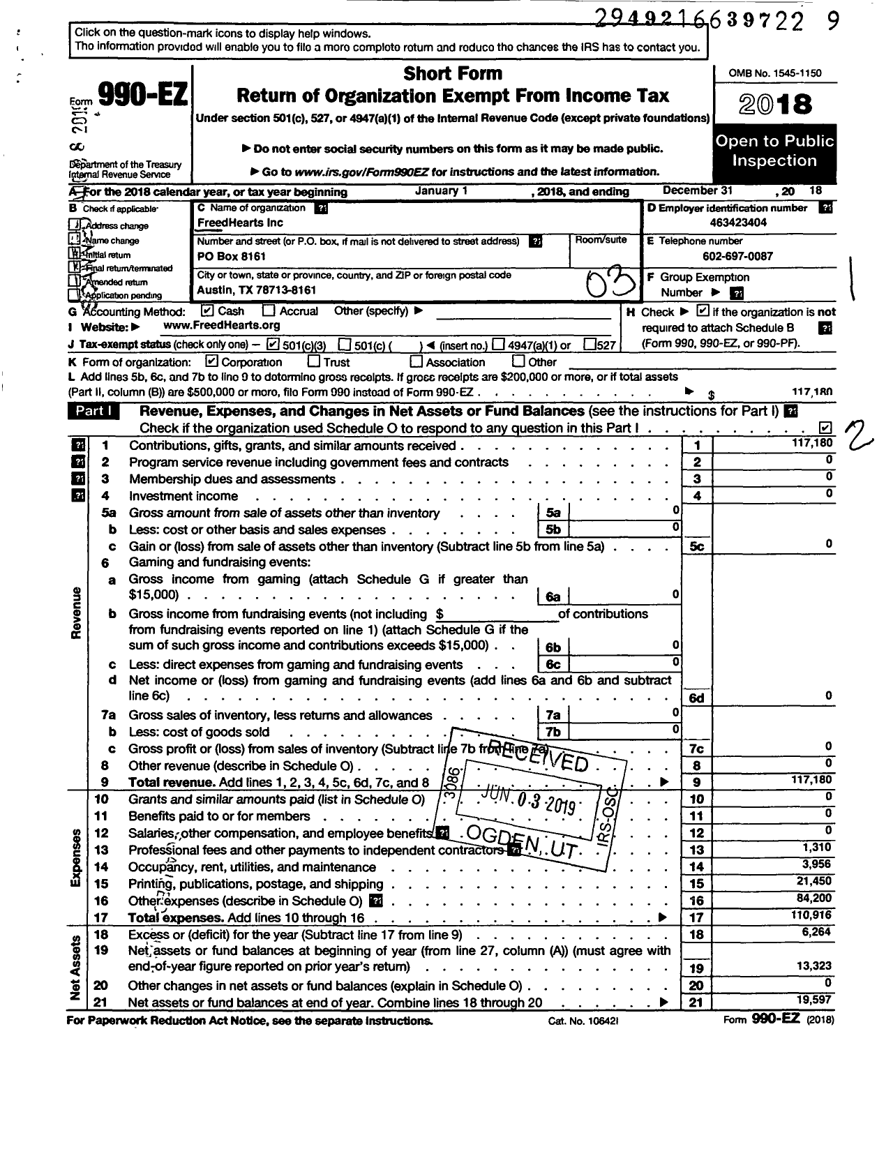 Image of first page of 2018 Form 990EZ for FreedHearts