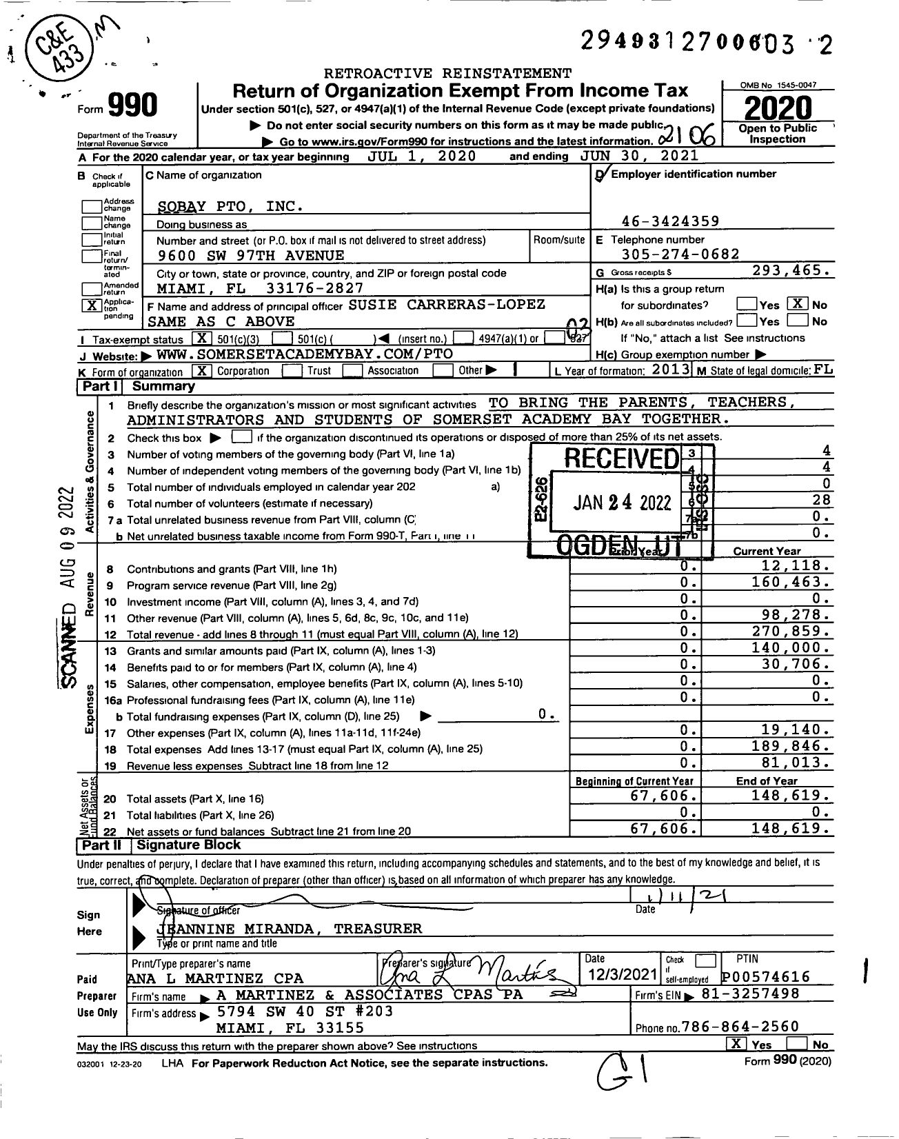 Image of first page of 2020 Form 990 for Sobay Pto