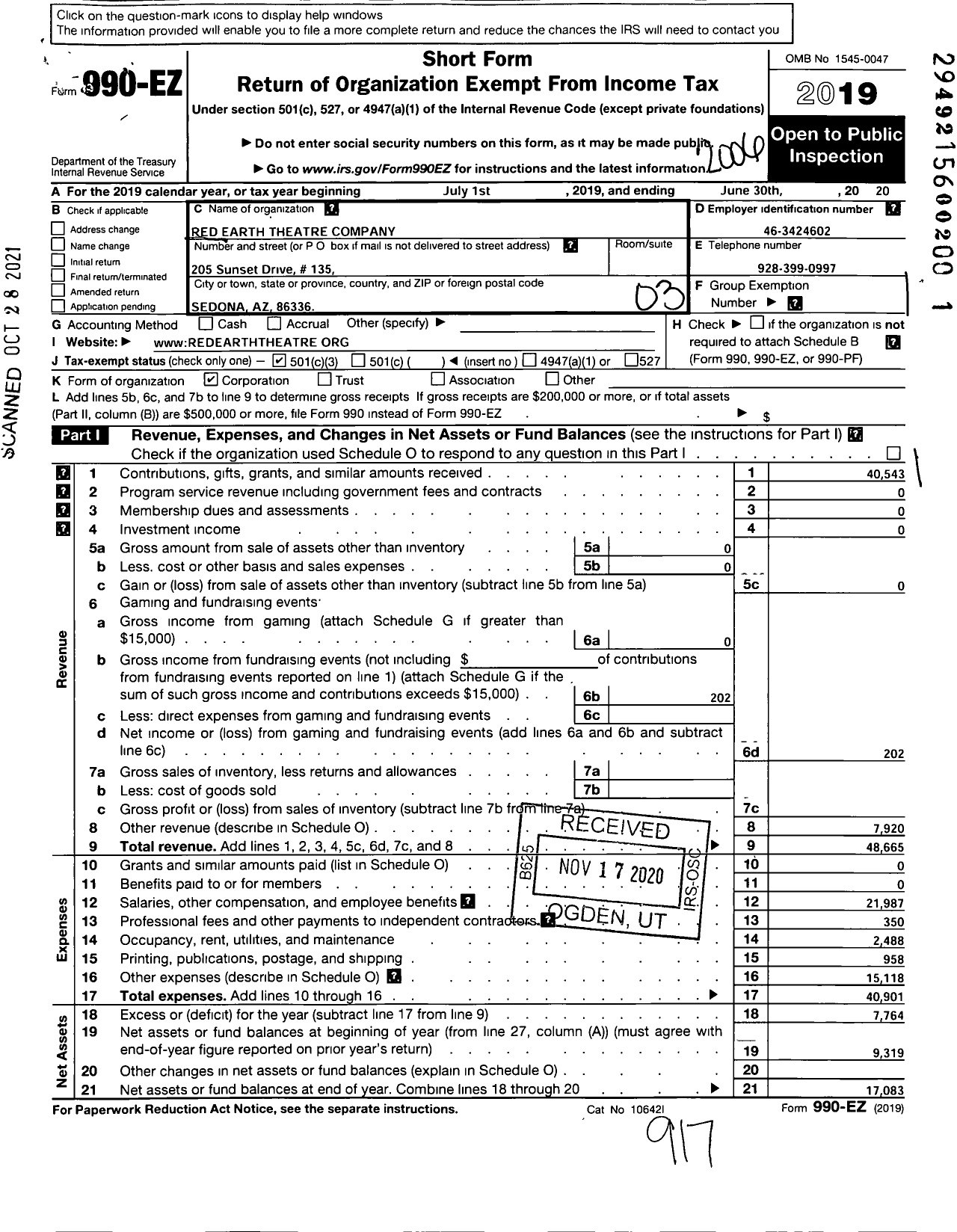 Image of first page of 2019 Form 990EZ for Red Earth Theatre Company