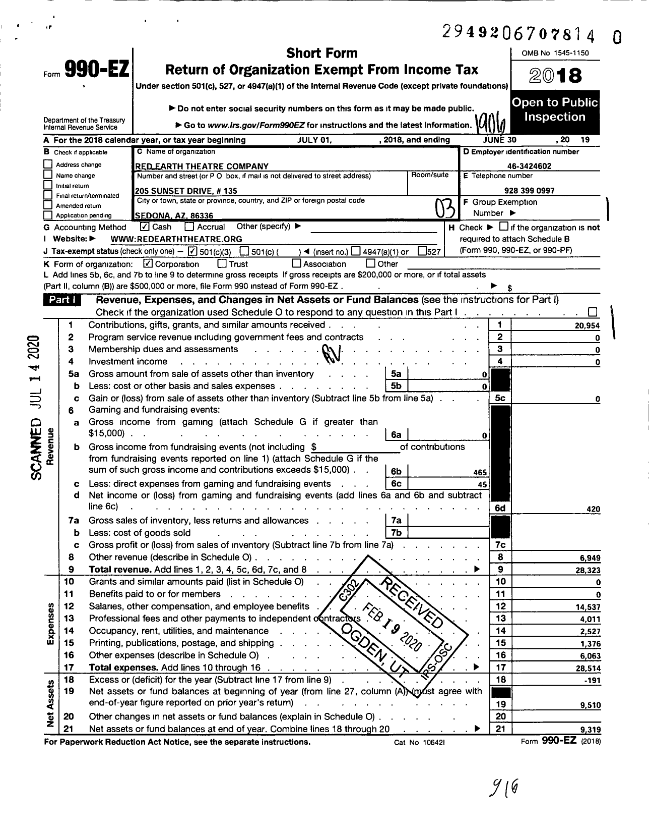 Image of first page of 2018 Form 990EZ for Red Earth Theatre Company