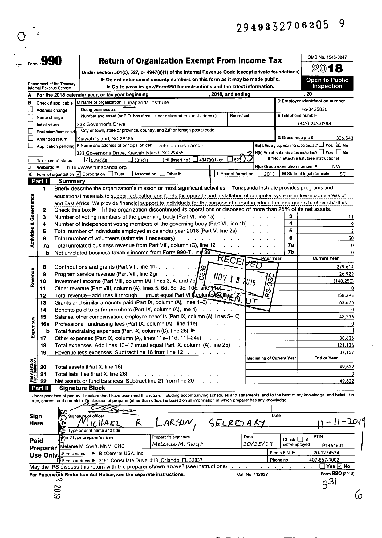 Image of first page of 2018 Form 990 for Tunapanda Institute