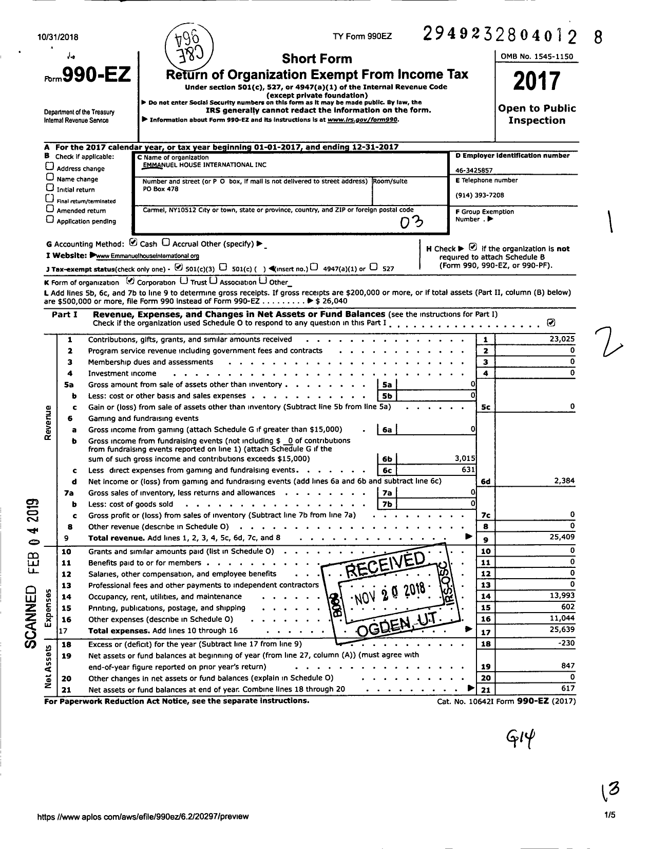 Image of first page of 2017 Form 990EZ for Emmanuel House International