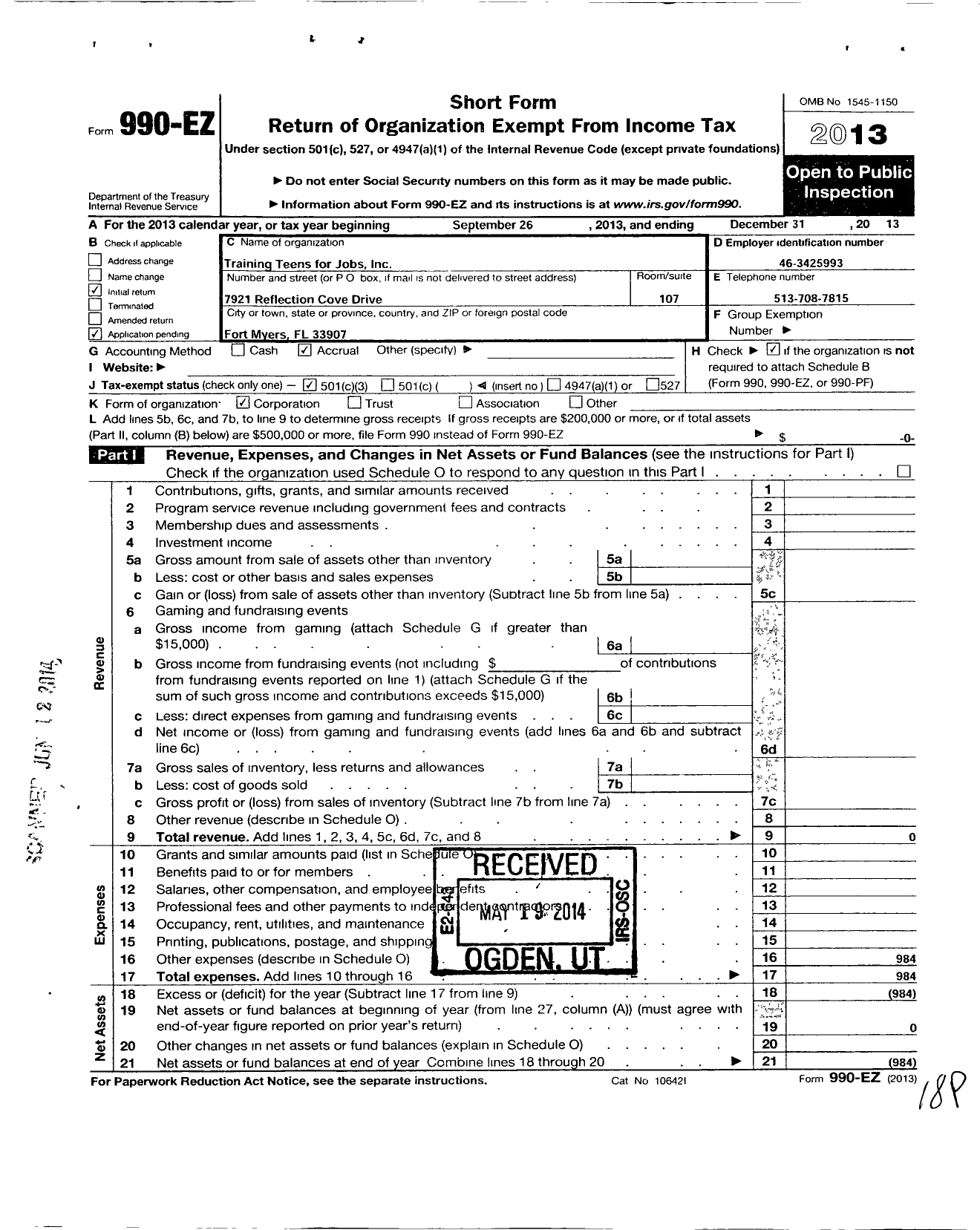 Image of first page of 2013 Form 990EZ for Training Teens for Jobs