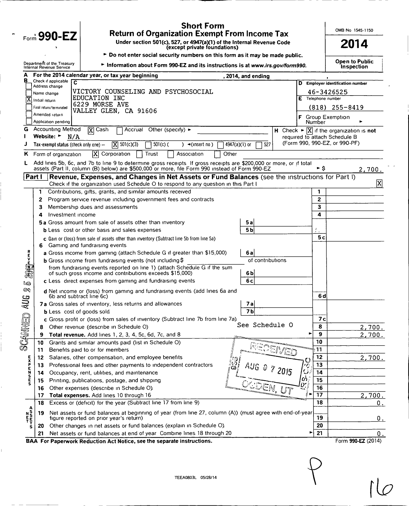 Image of first page of 2014 Form 990EZ for Victory Counseling and Psychosocial Education