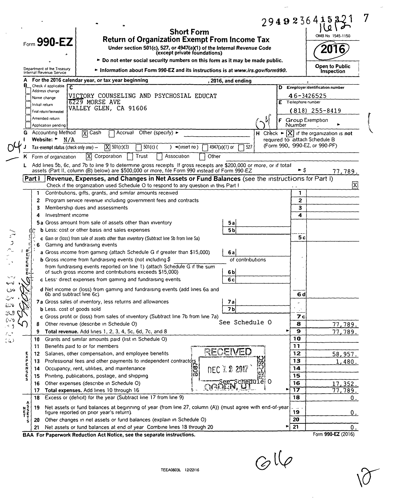 Image of first page of 2016 Form 990EO for Victory Counseling and Psychosocial Education