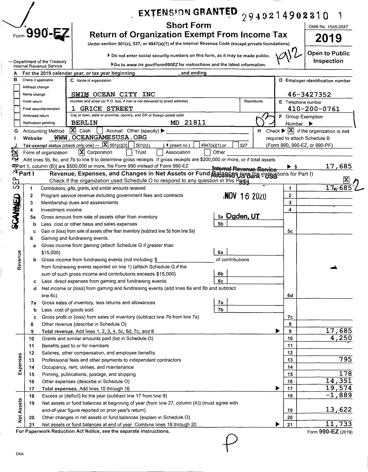 Image of first page of 2019 Form 990EZ for Swim Ocean City