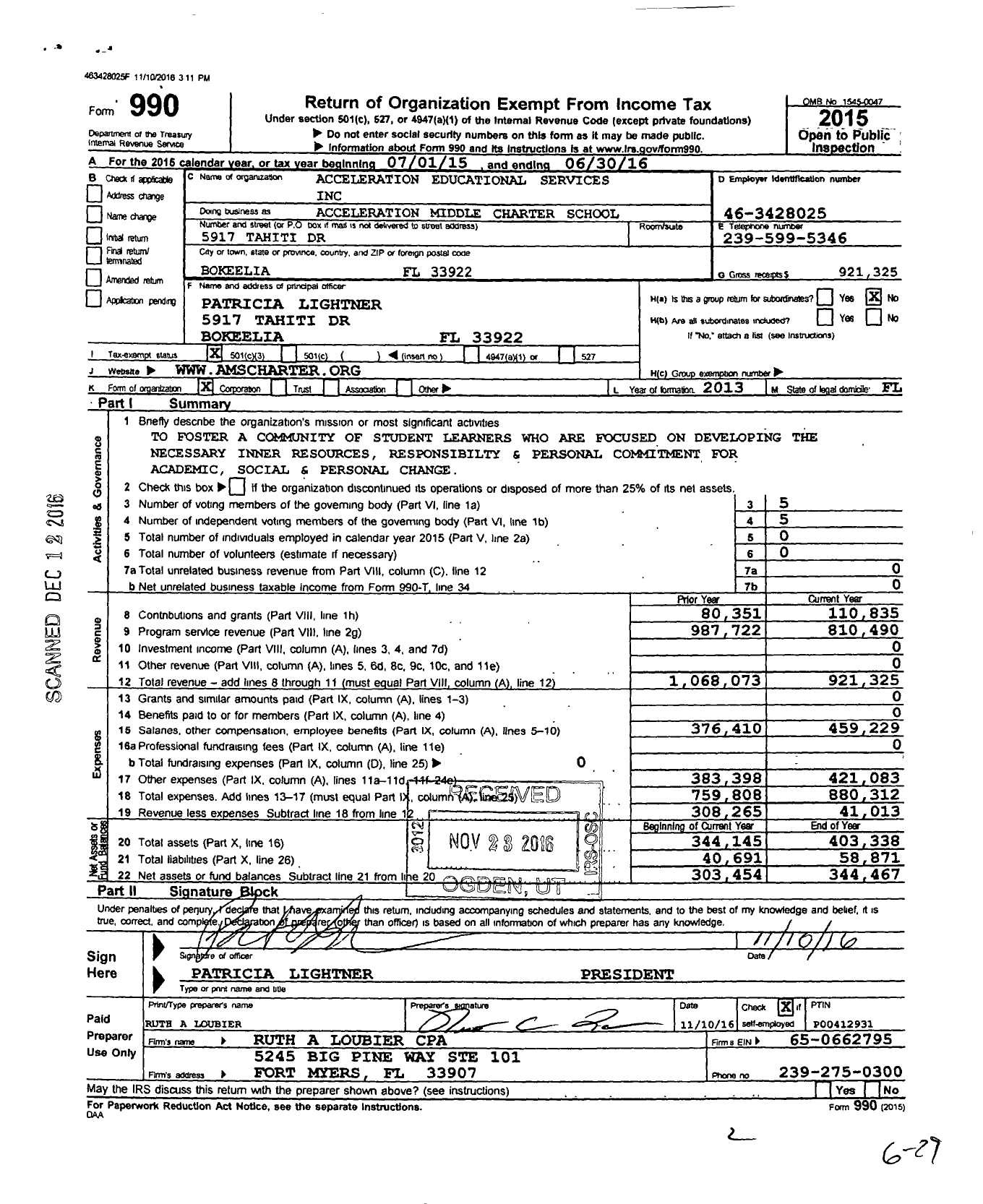 Image of first page of 2015 Form 990 for Acceleration Middle Charter School