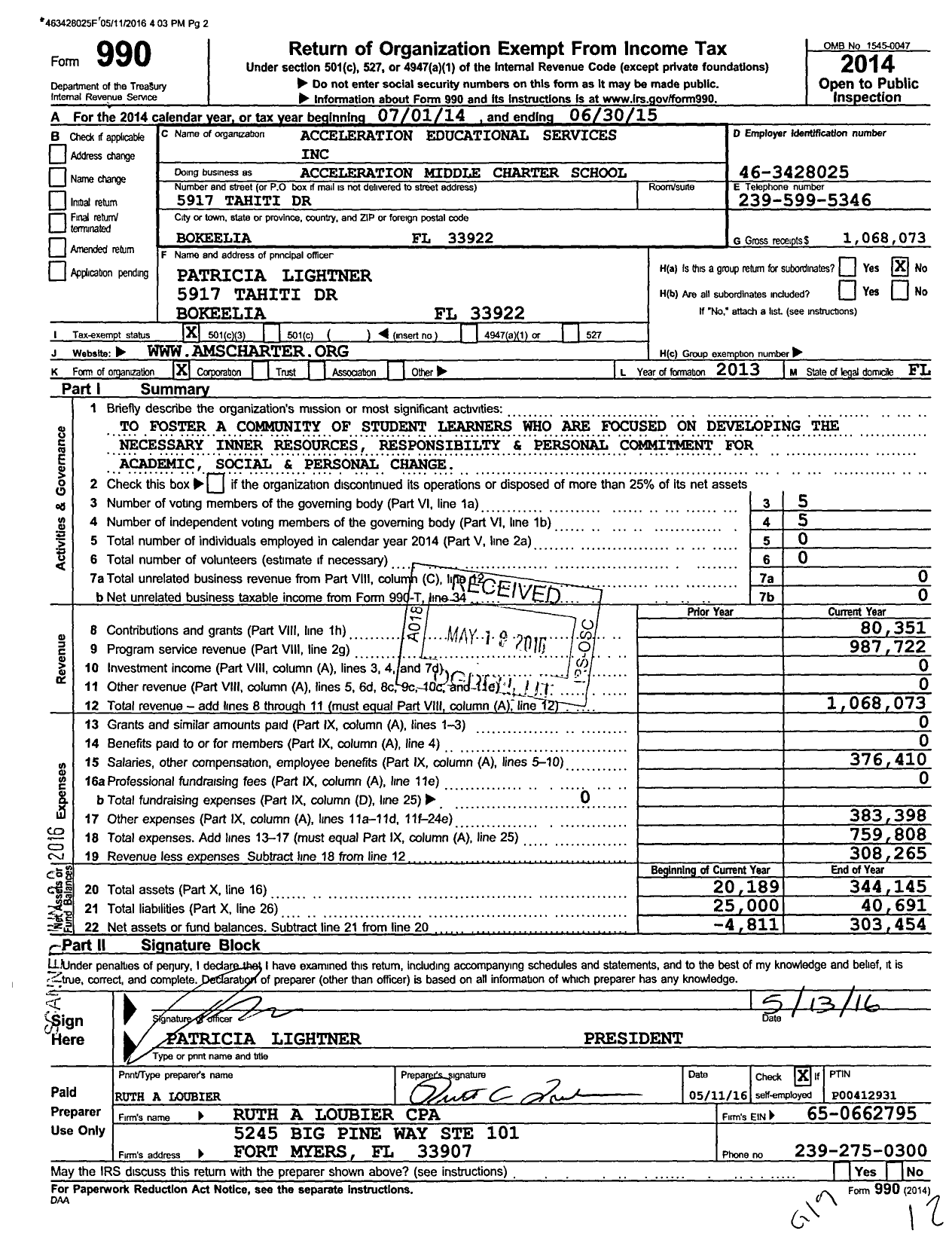 Image of first page of 2014 Form 990 for Acceleration Middle Charter School