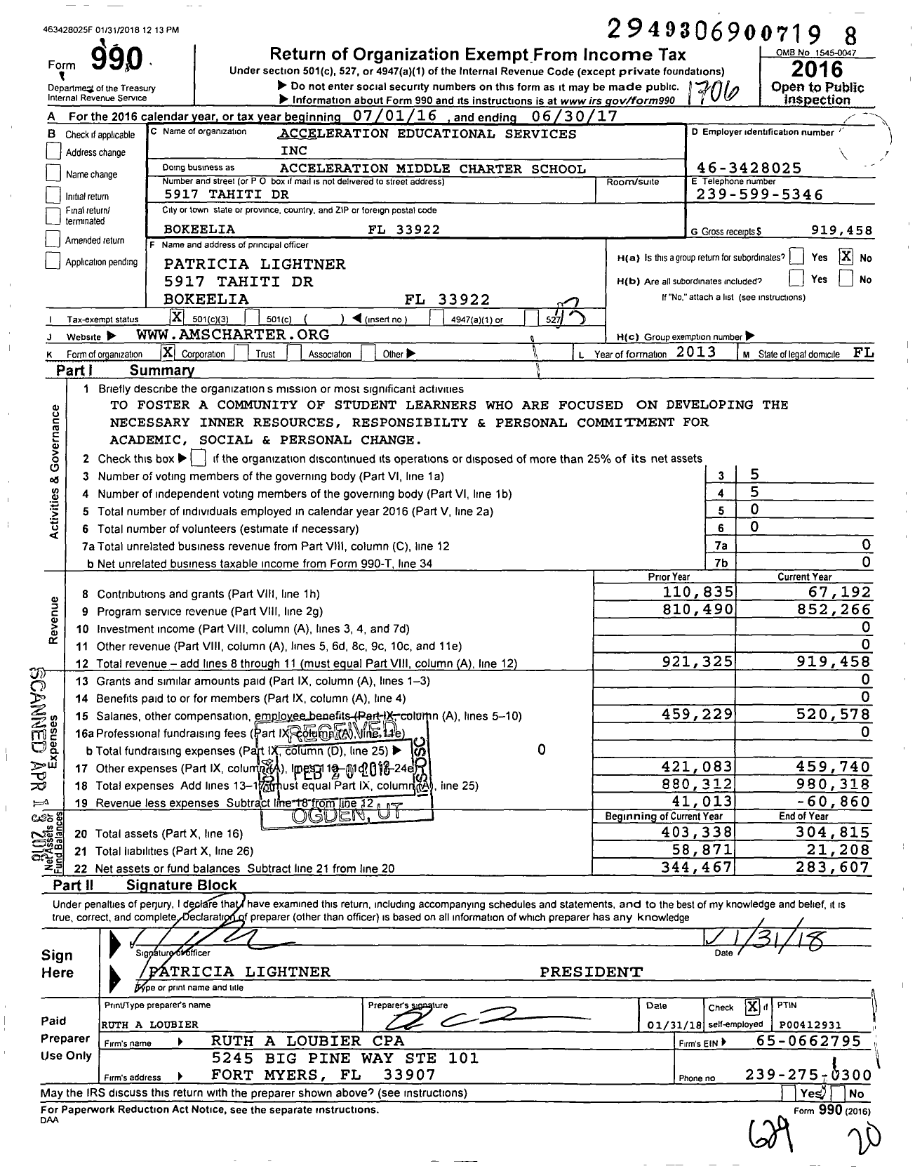 Image of first page of 2016 Form 990 for Acceleration Middle Charter School