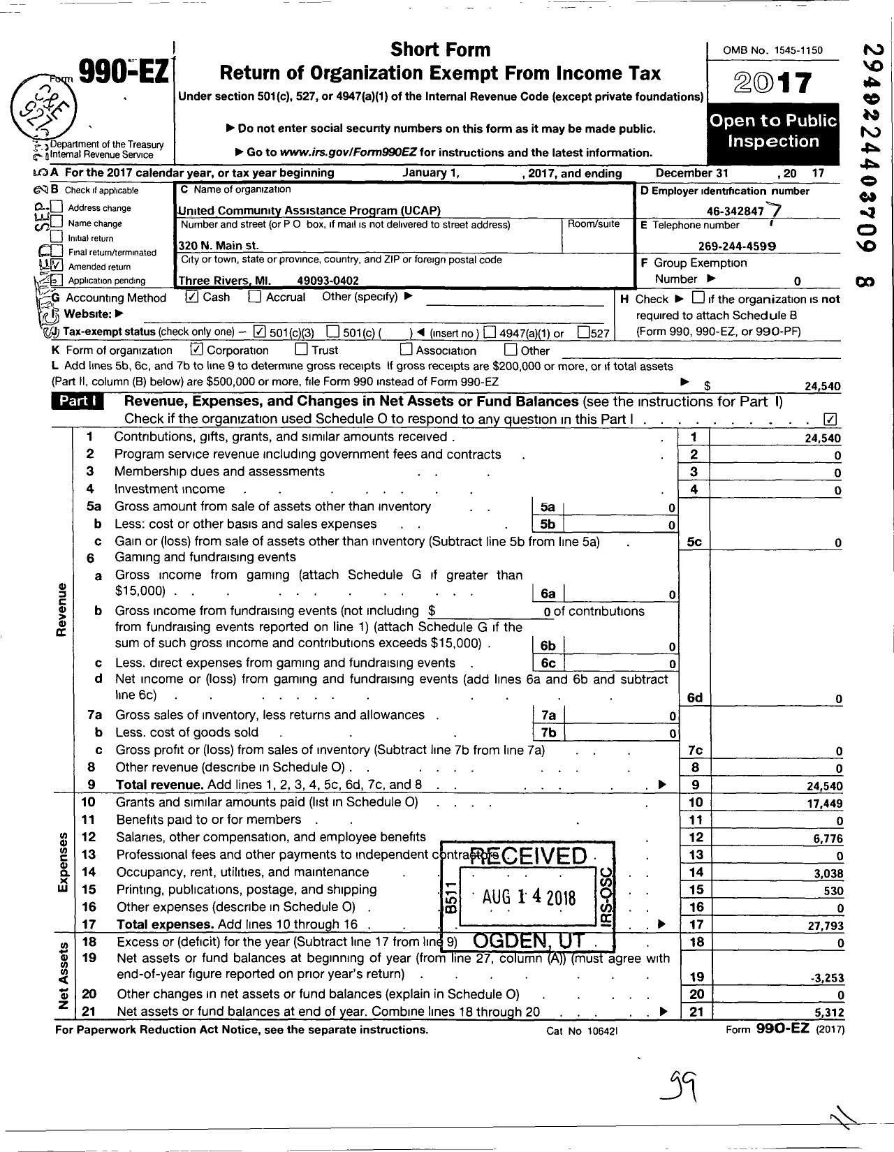 Image of first page of 2017 Form 990EZ for United Community Assistance Program