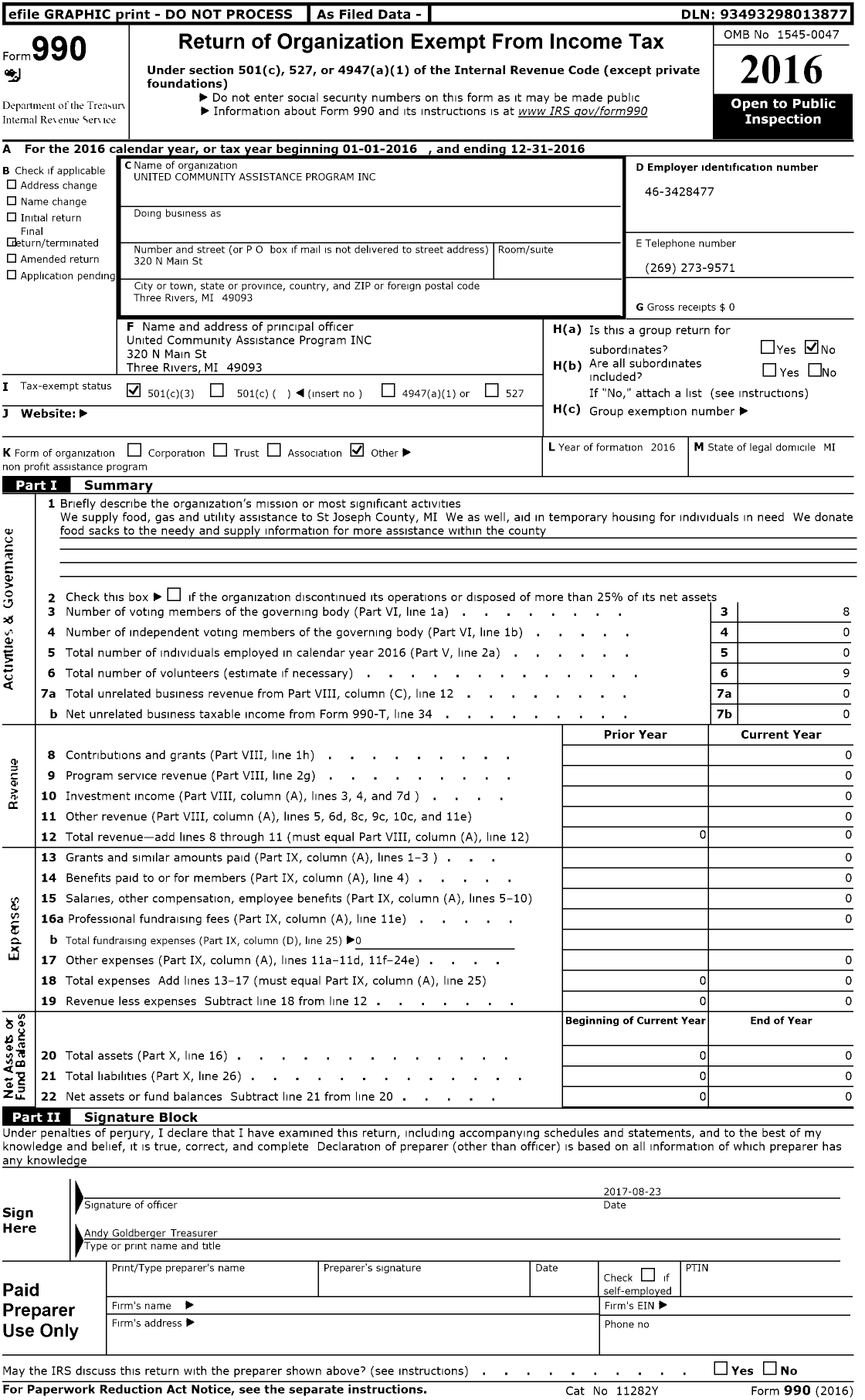 Image of first page of 2016 Form 990 for United Community Assistance Program