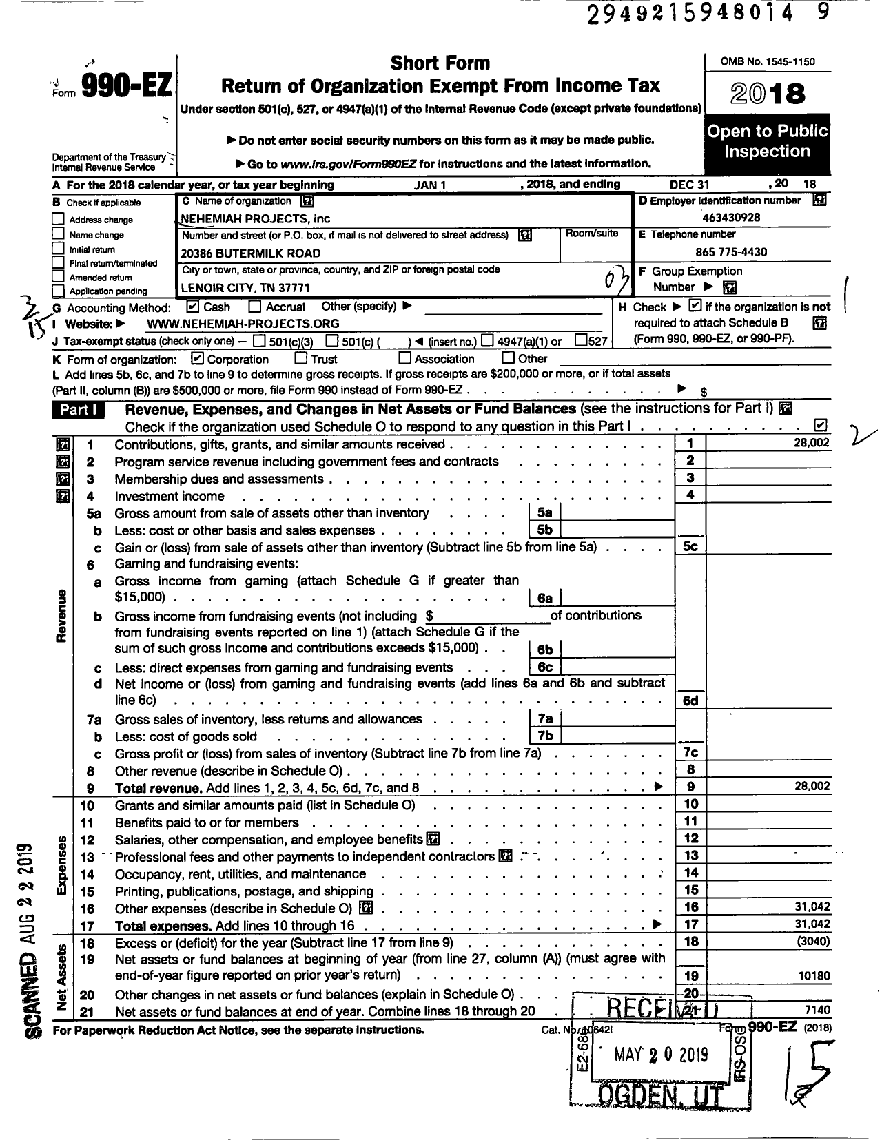 Image of first page of 2018 Form 990EZ for Knoxville Dream Center