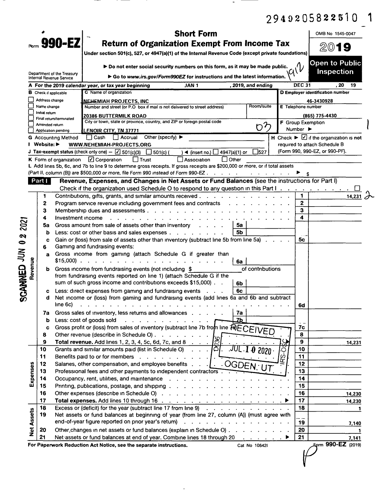 Image of first page of 2019 Form 990EZ for Knoxville Dream Center