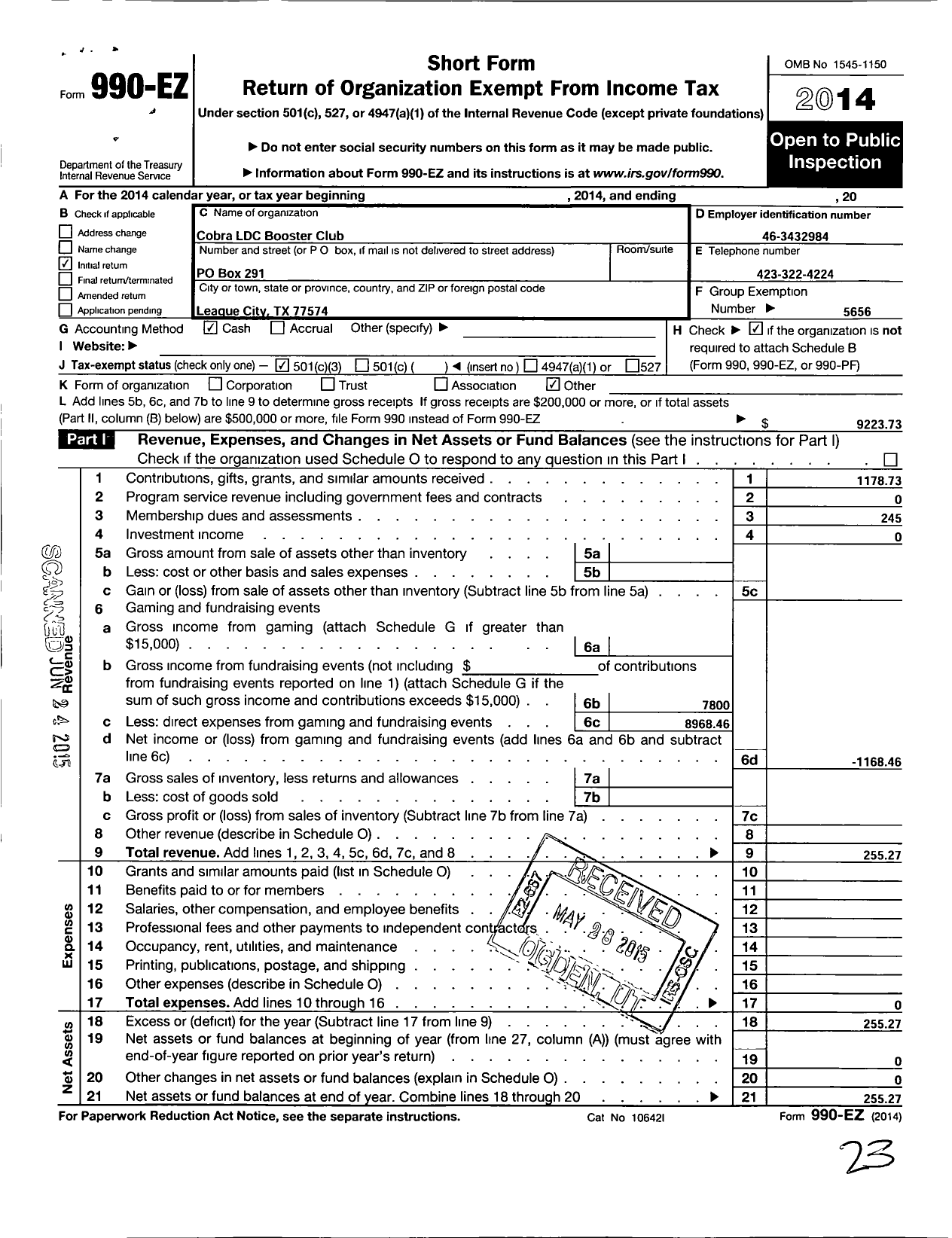 Image of first page of 2014 Form 990EZ for Clear Creek Isd Groups / Cobra LDC Booster Club