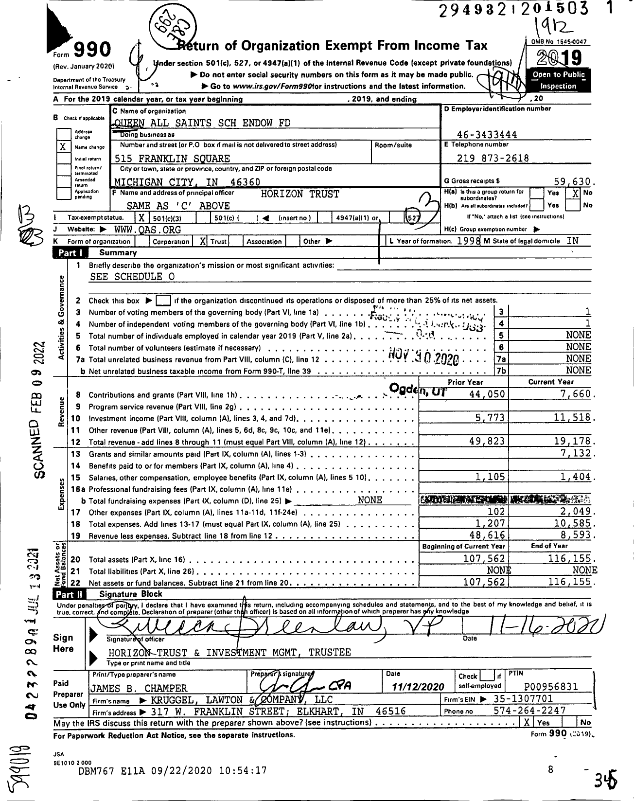 Image of first page of 2019 Form 990 for Queen All Saints SCH Endowment Fund