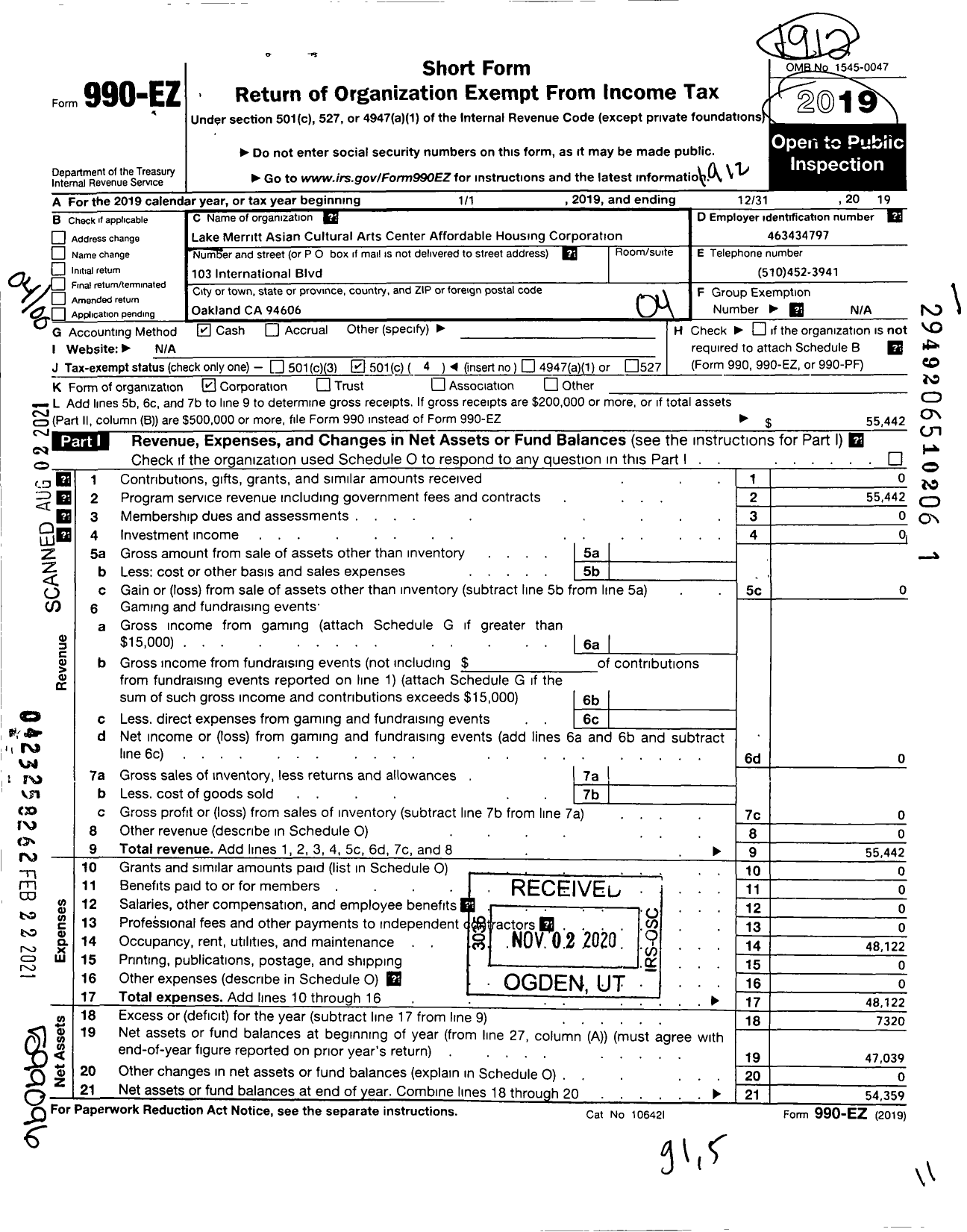 Image of first page of 2019 Form 990EO for Lake Merritt Asian Cultural Arts Center Affordable Housing Corporation