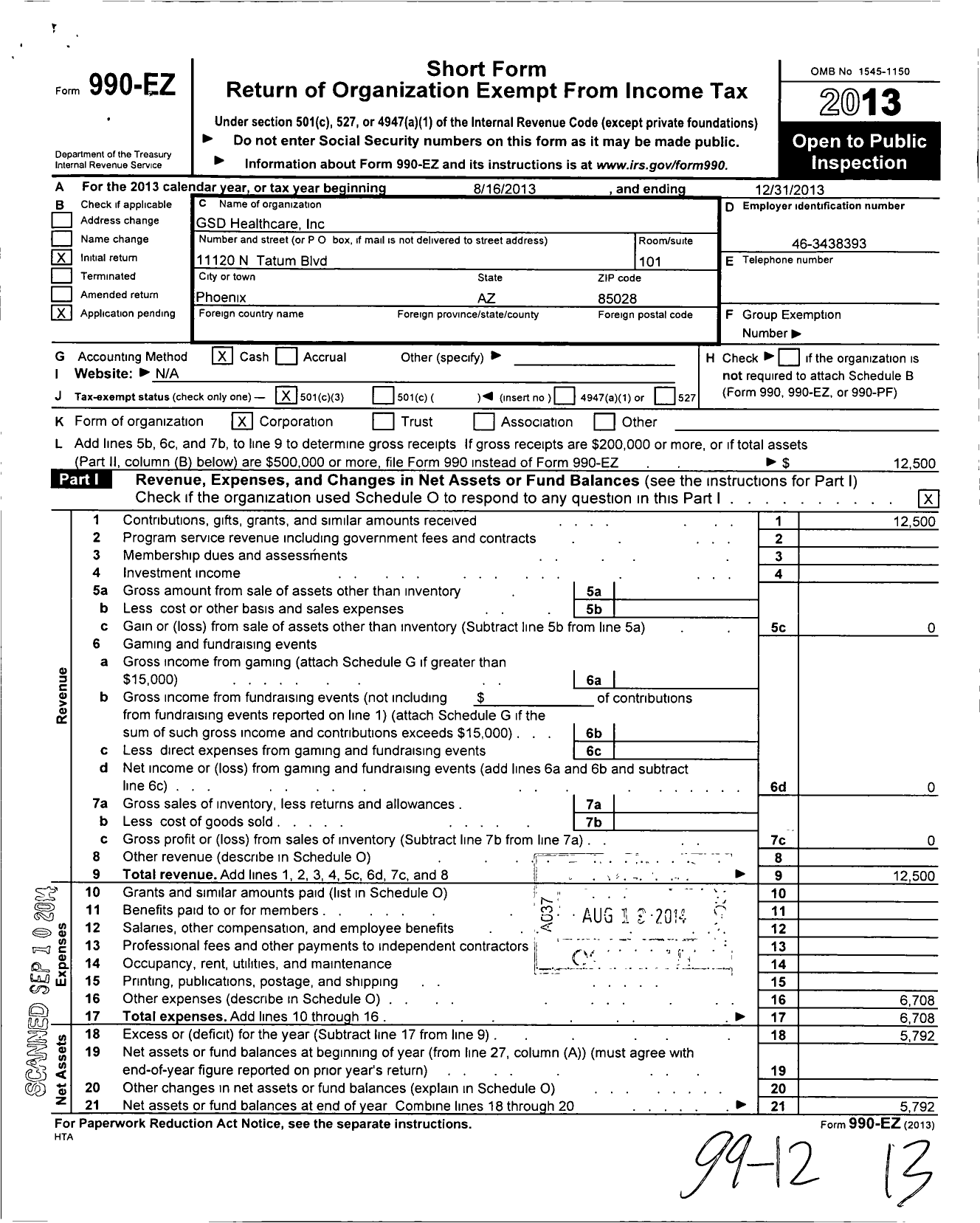 Image of first page of 2013 Form 990EZ for GSD Healthcare