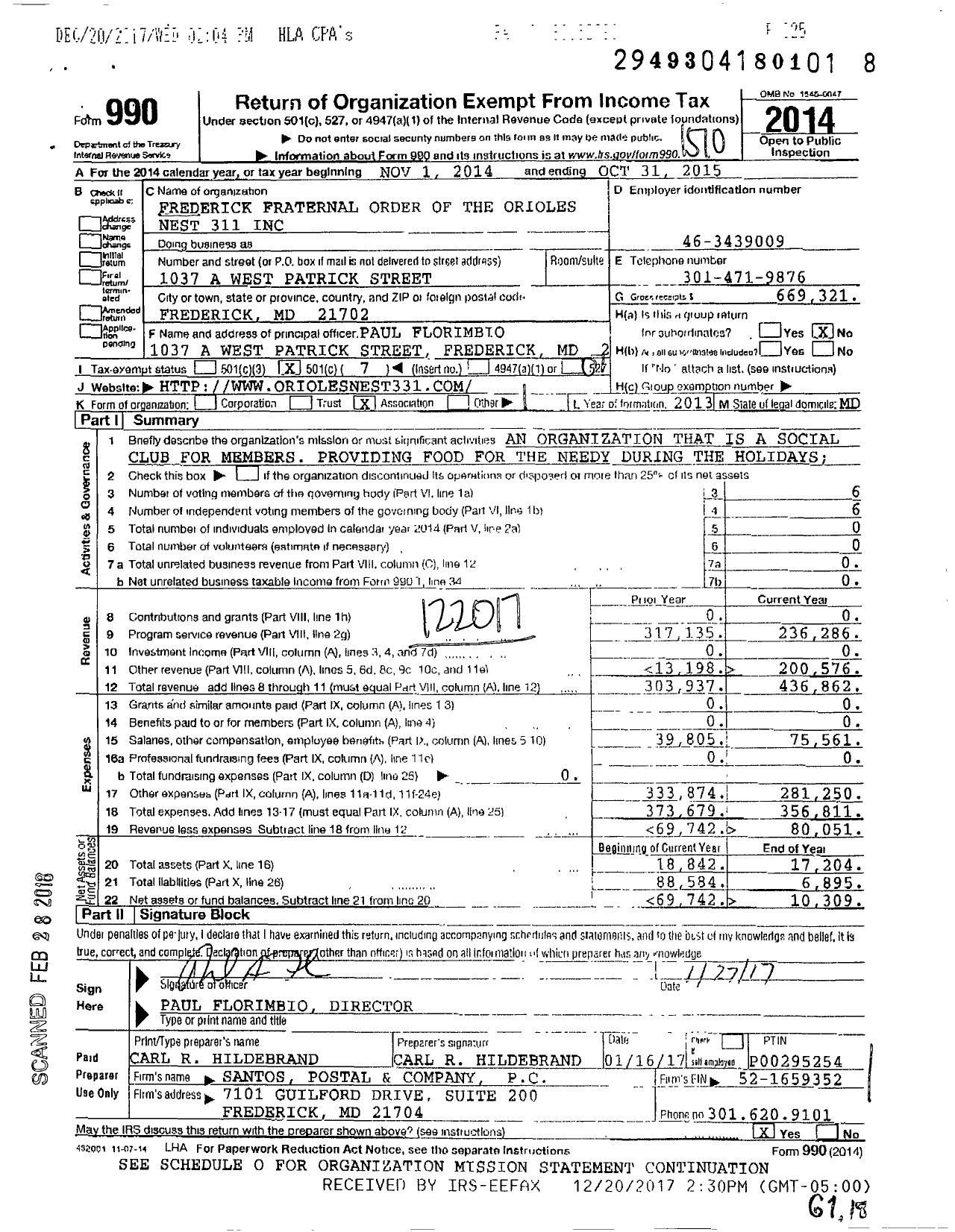 Image of first page of 2014 Form 990O for Fraternal Order of Orioles - 331 Frederick Nest