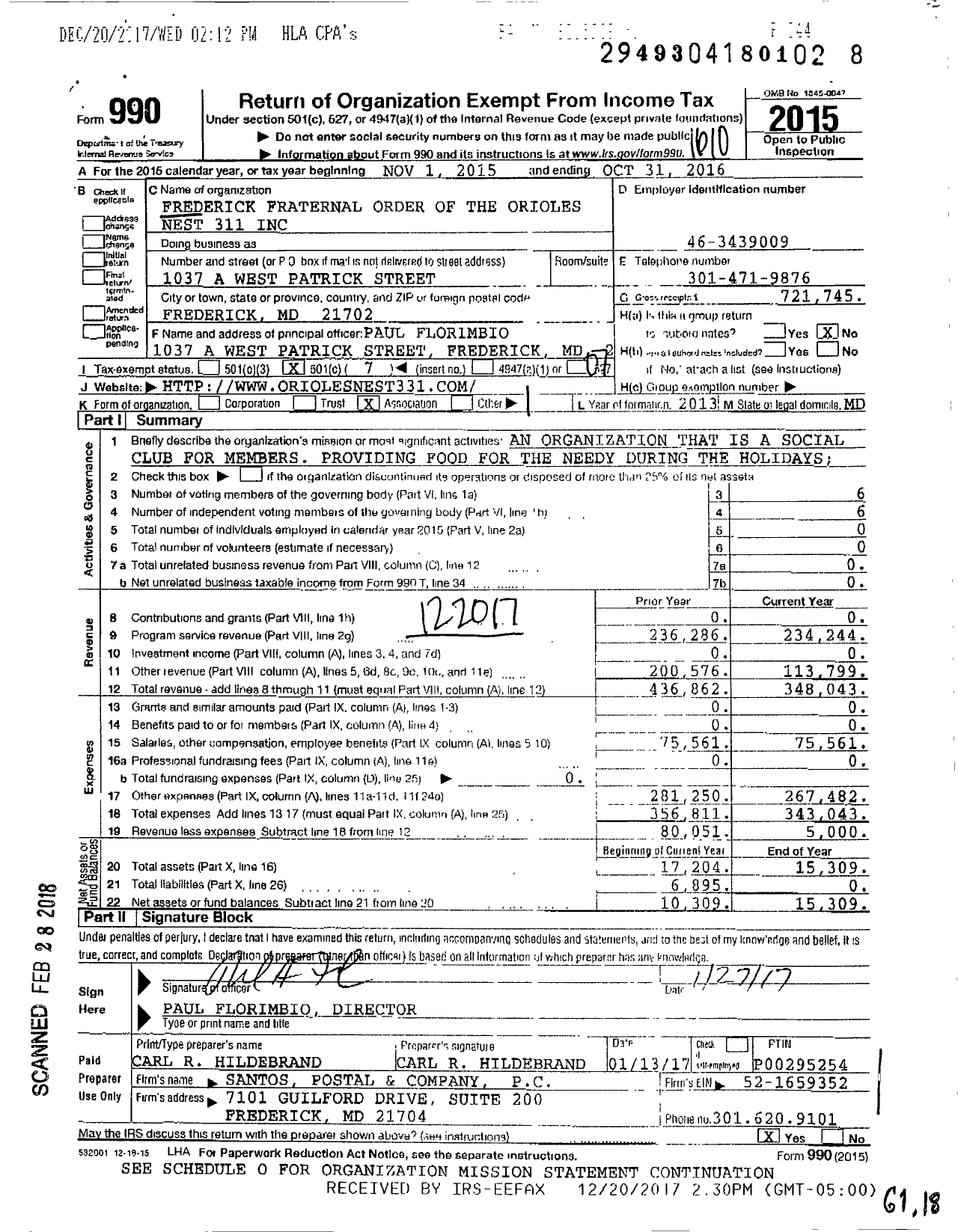 Image of first page of 2015 Form 990O for Fraternal Order of Orioles - 331 Frederick Nest