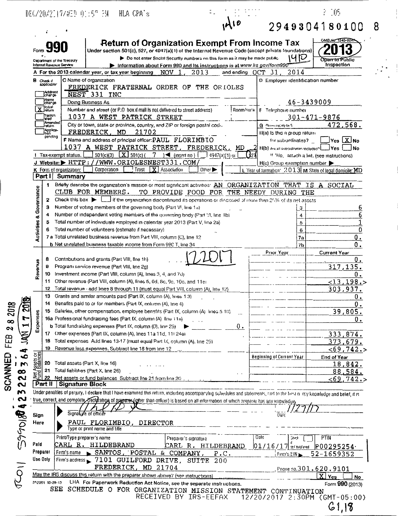 Image of first page of 2013 Form 990O for Fraternal Order of Orioles - 331 Frederick Nest