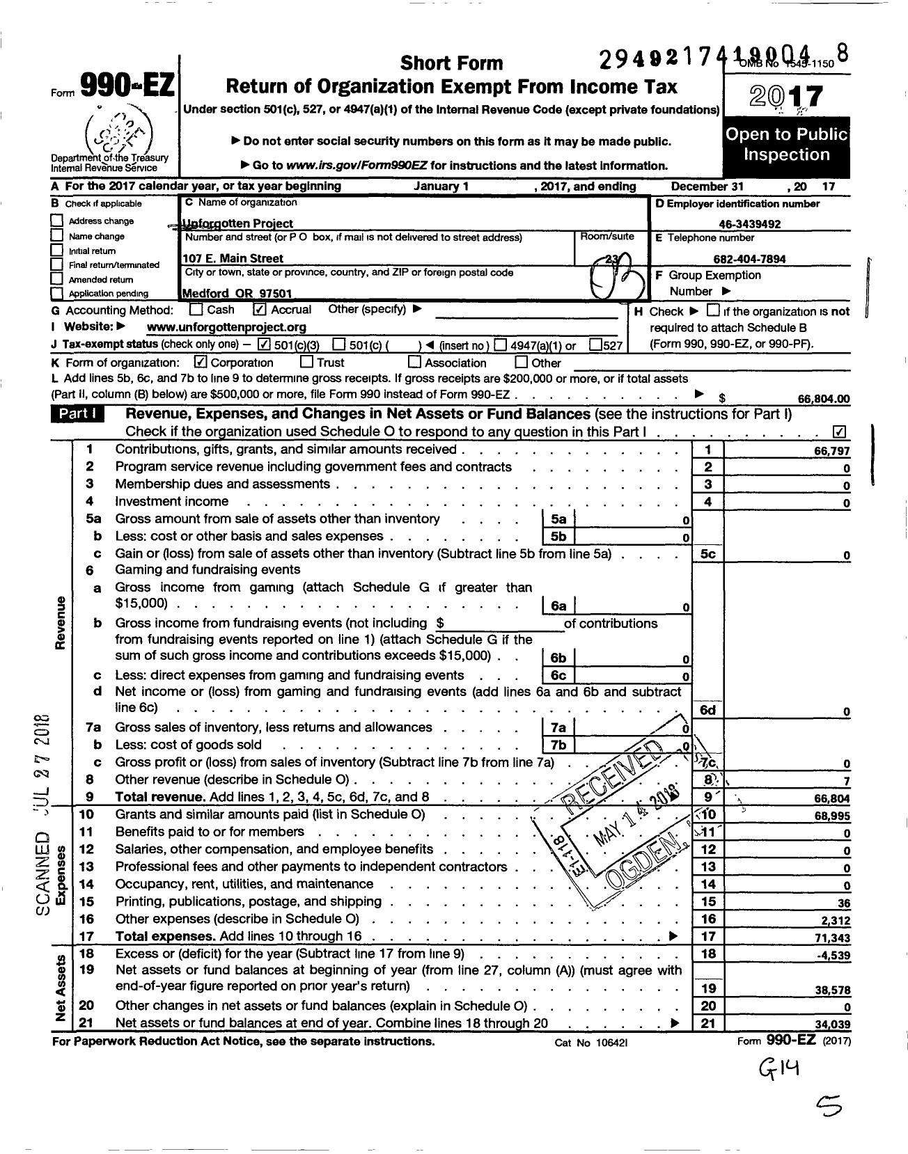 Image of first page of 2017 Form 990EZ for Unforgotten Project