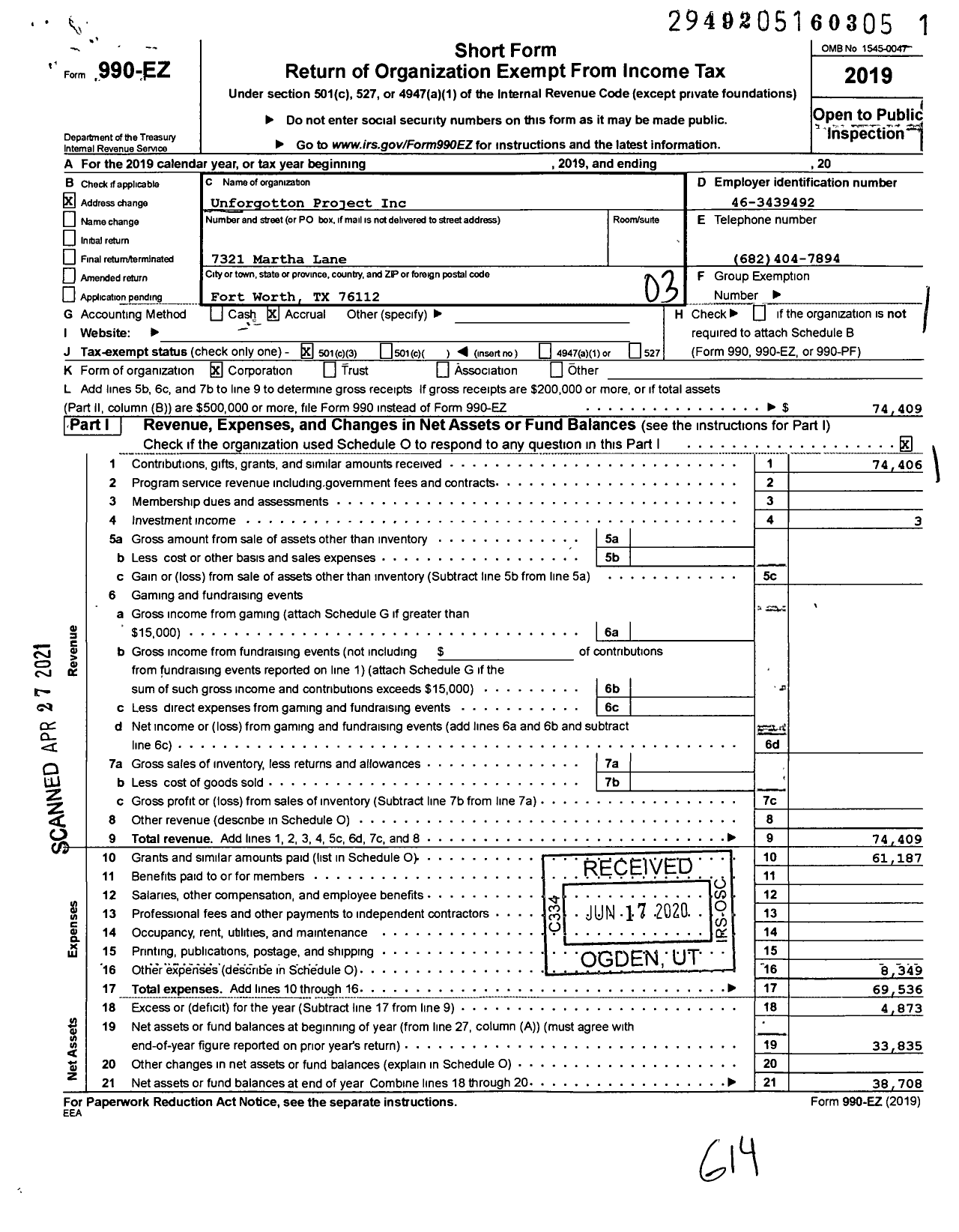 Image of first page of 2019 Form 990EZ for Unforgotten Project