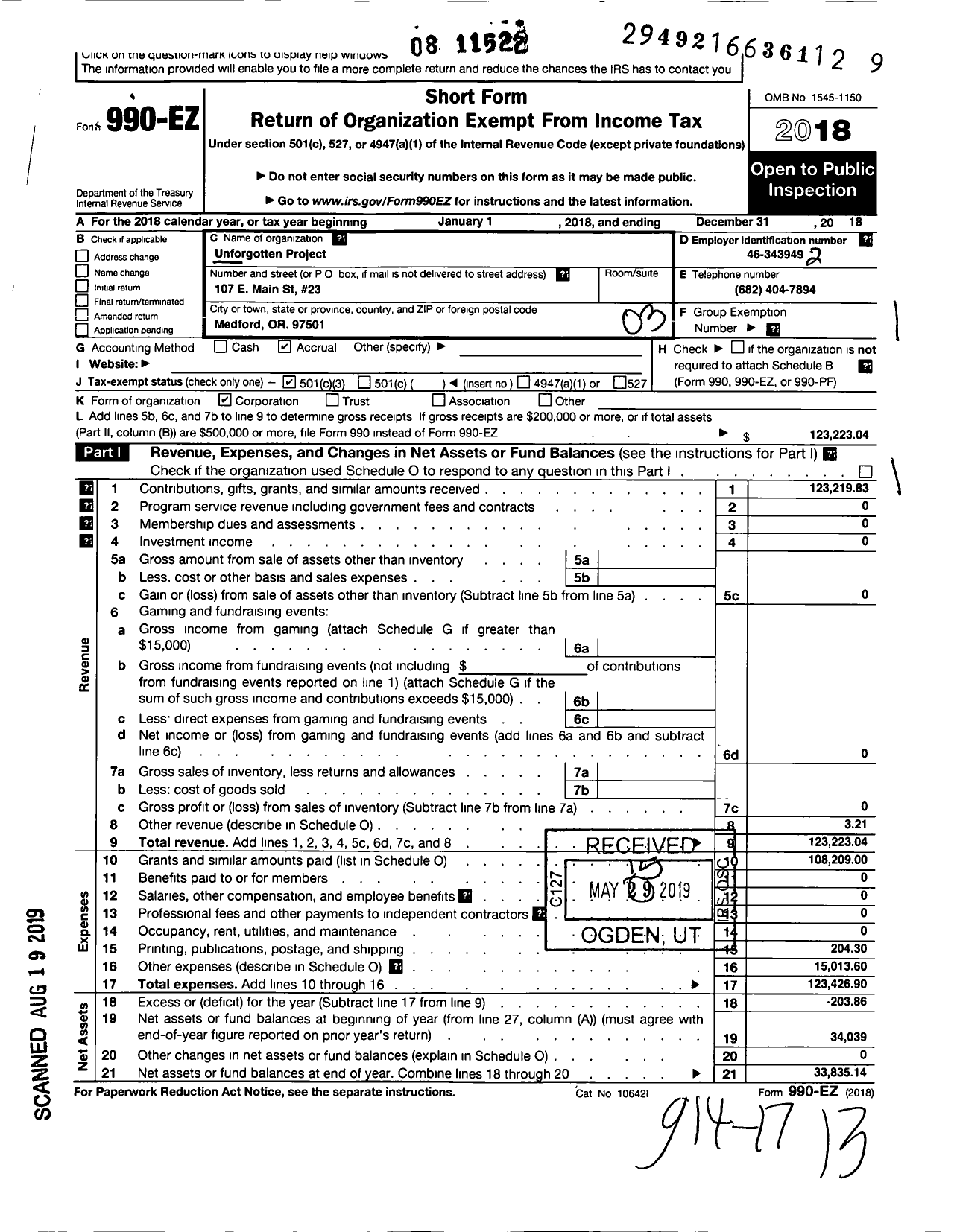 Image of first page of 2018 Form 990EZ for Unforgotten Project