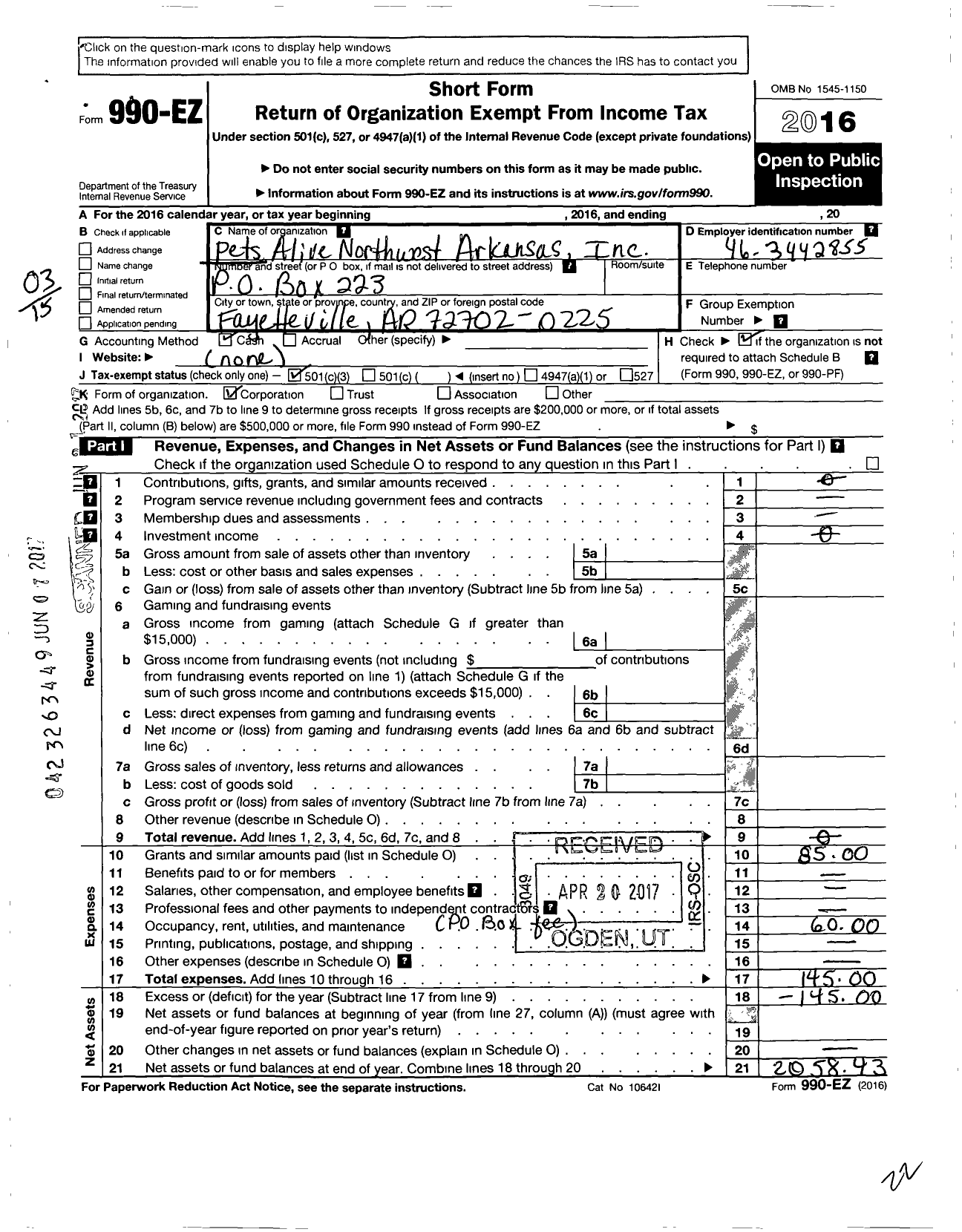 Image of first page of 2016 Form 990EZ for Pets Alive Northwest Arkansas