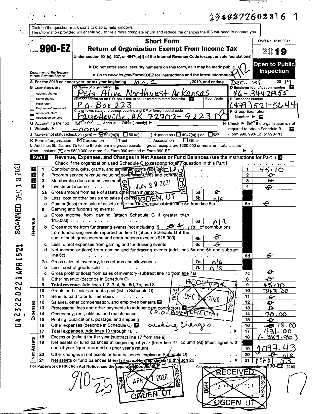 Image of first page of 2019 Form 990EZ for Pets Alive Northwest Arkansas