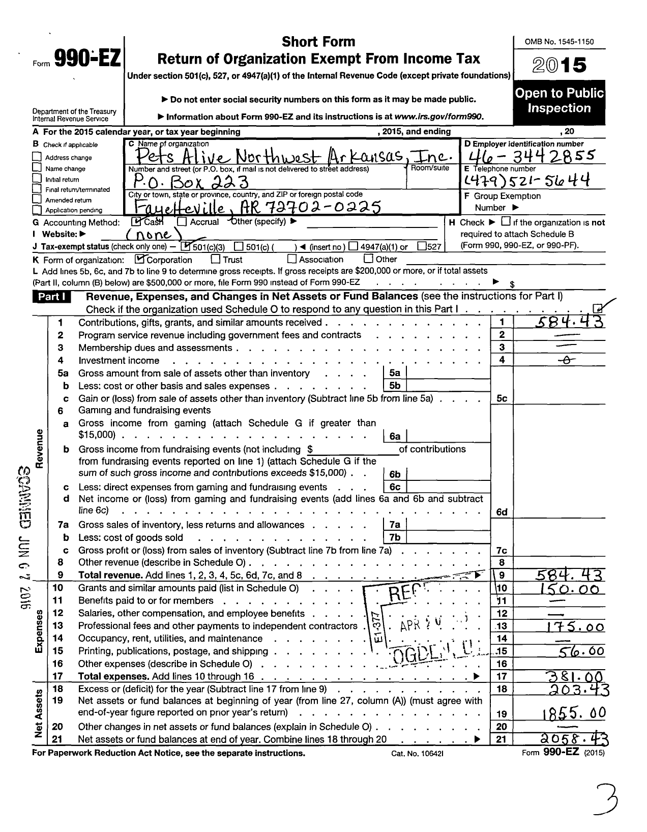 Image of first page of 2015 Form 990EZ for Pets Alive Northwest Arkansas