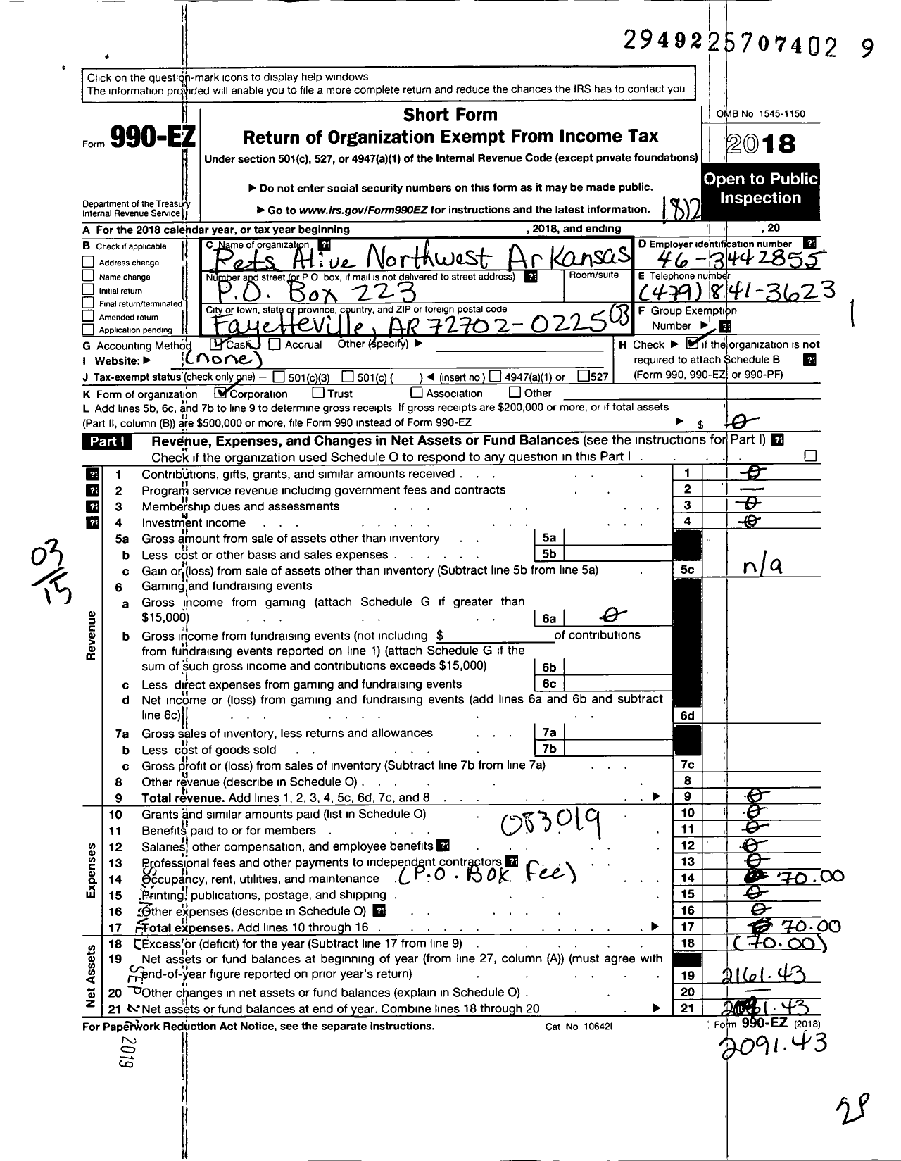 Image of first page of 2018 Form 990EZ for Pets Alive Northwest Arkansas