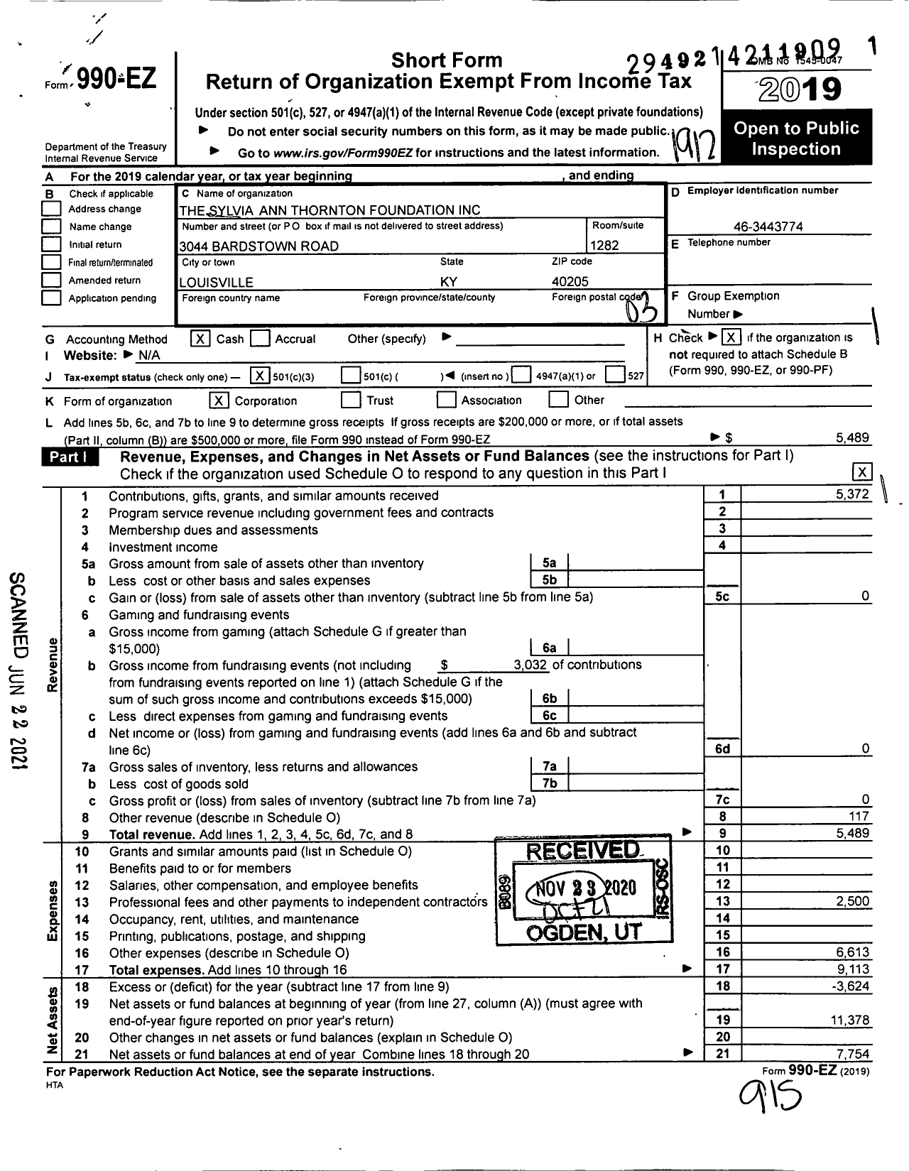 Image of first page of 2019 Form 990EZ for The Sylvia Ann Thornton Foundation