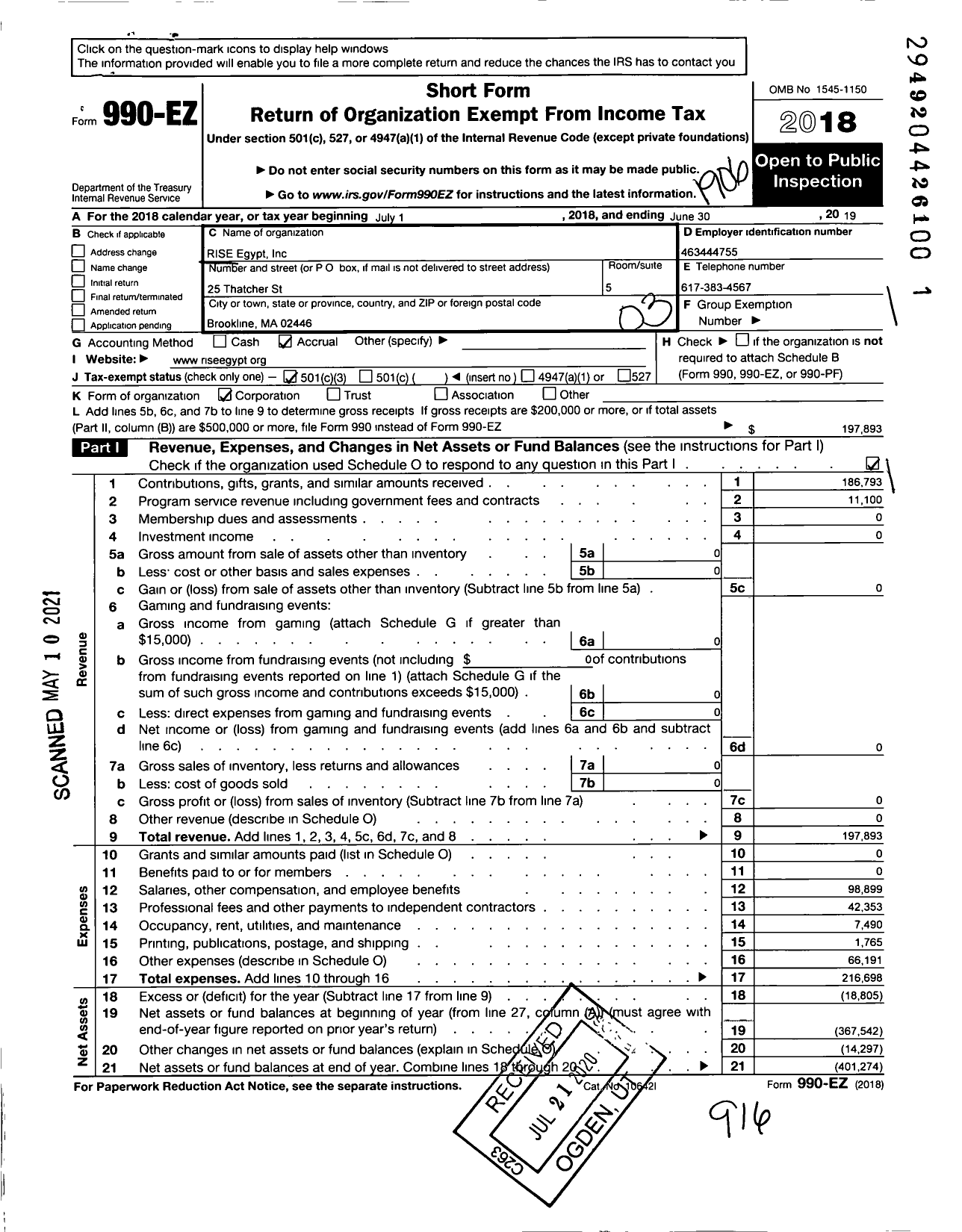 Image of first page of 2018 Form 990EZ for Rise Egypt