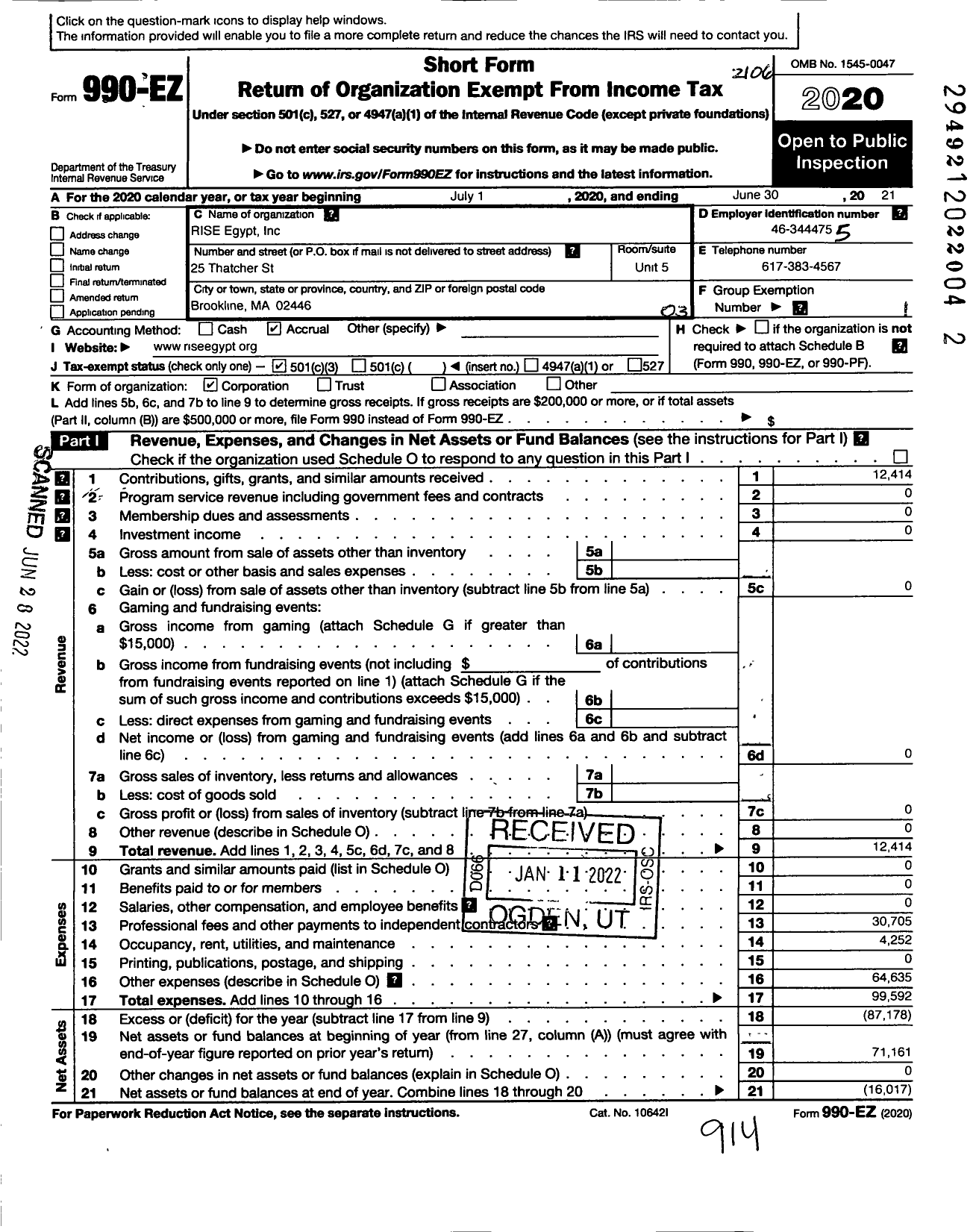 Image of first page of 2020 Form 990EZ for Rise Egypt