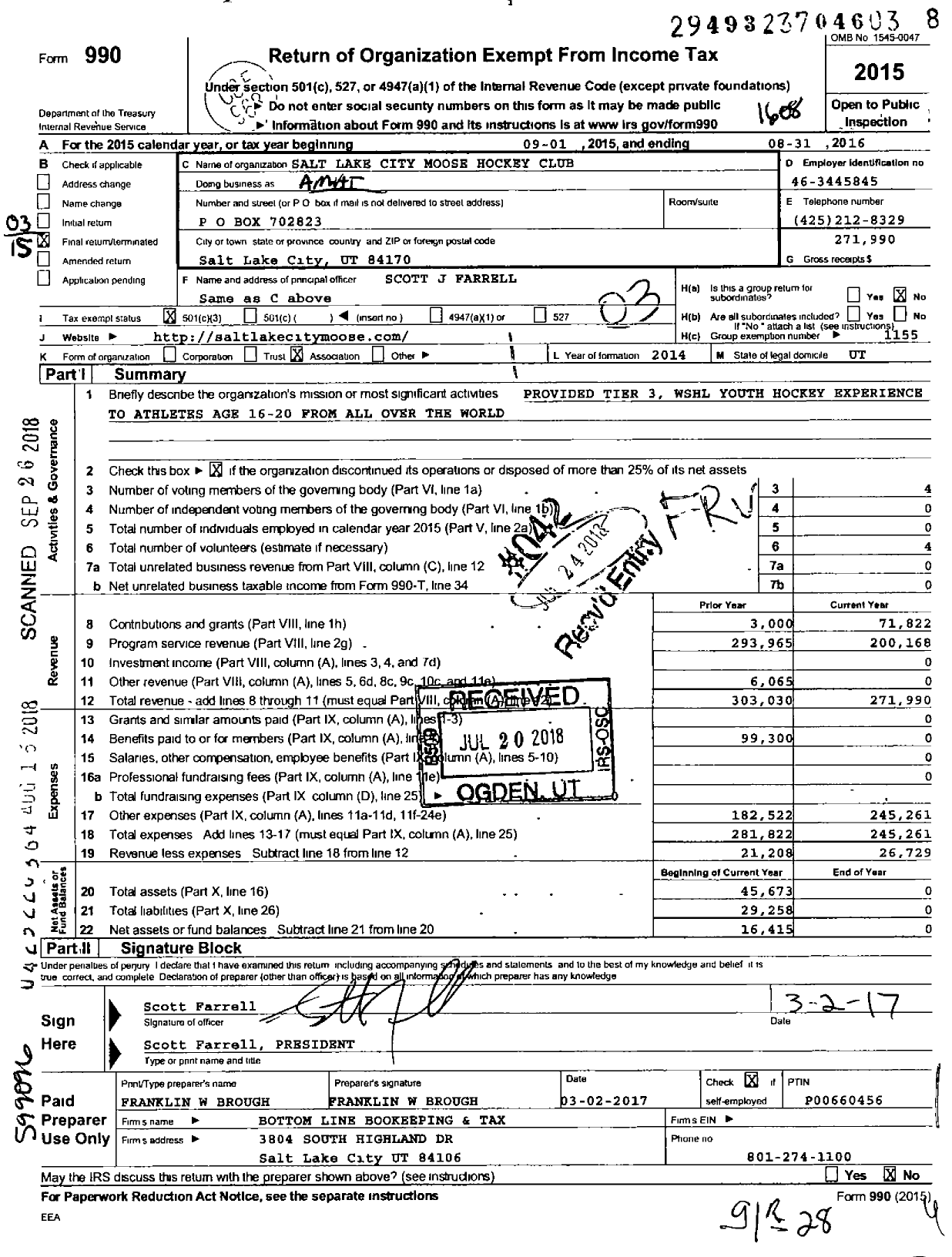 Image of first page of 2015 Form 990 for Amateur Athletic Union - Salt Lake City Moose Hockey Club