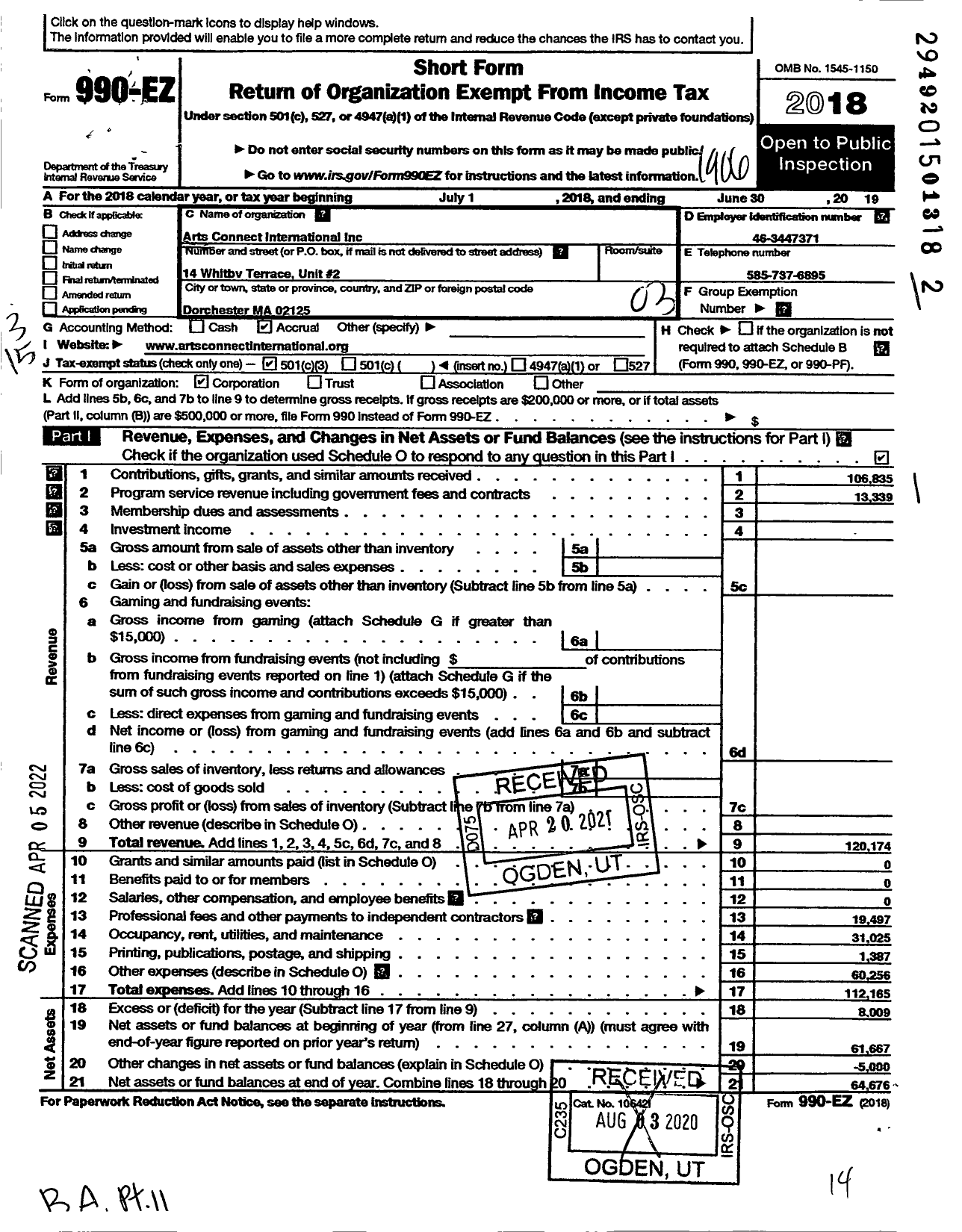 Image of first page of 2018 Form 990EZ for Arts Connect International