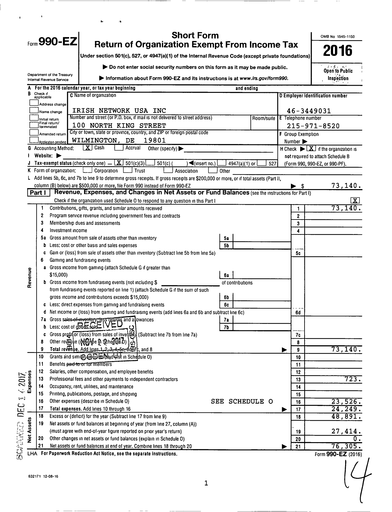 Image of first page of 2016 Form 990EZ for Irish Network USA