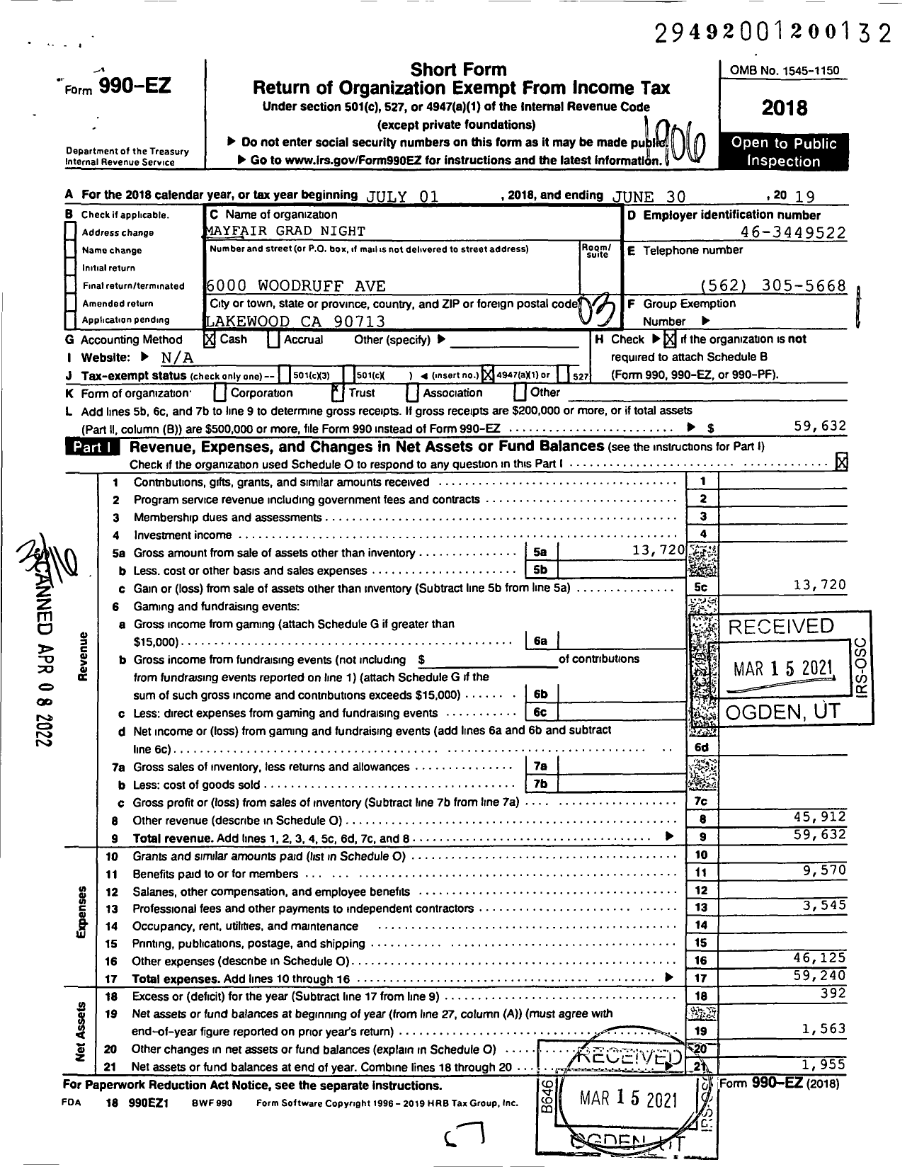 Image of first page of 2018 Form 990EZ for Mayfair Grad Night