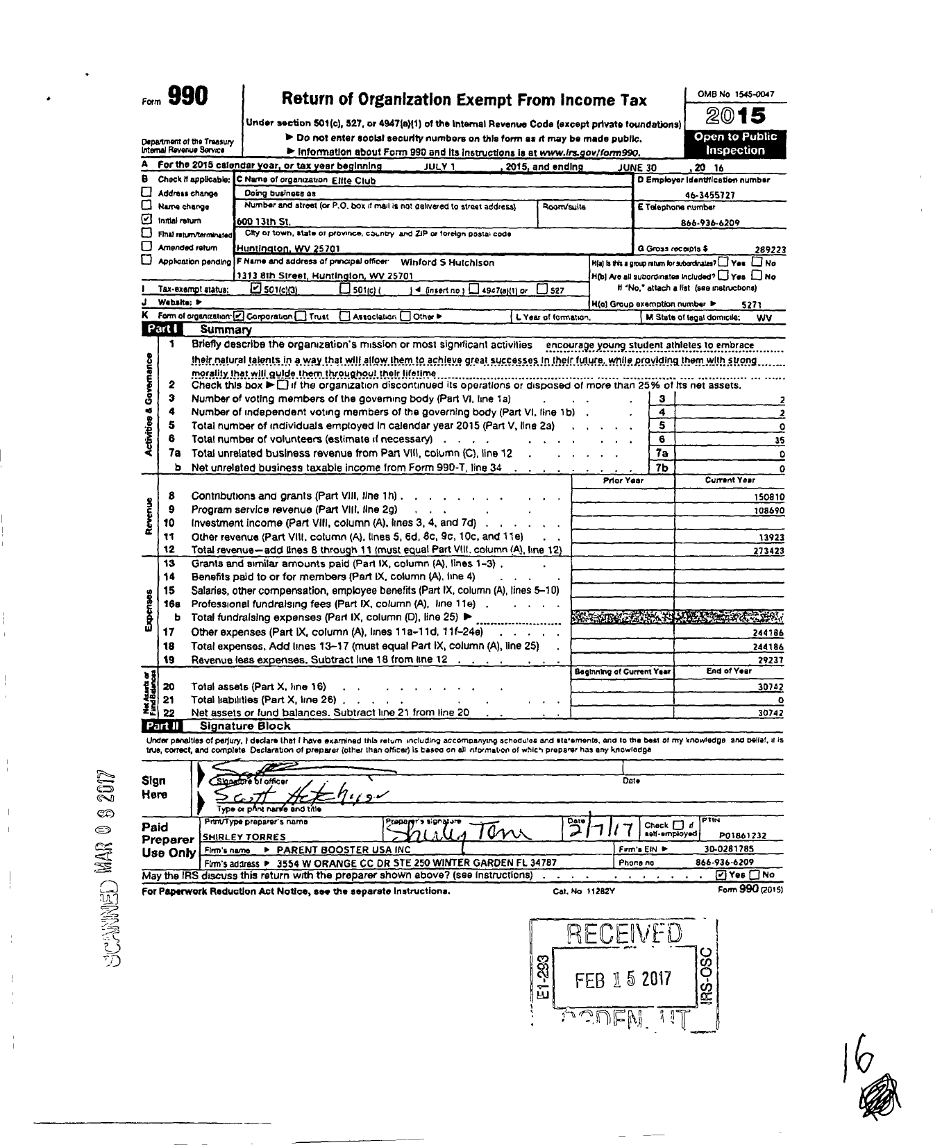 Image of first page of 2015 Form 990 for Elite Club