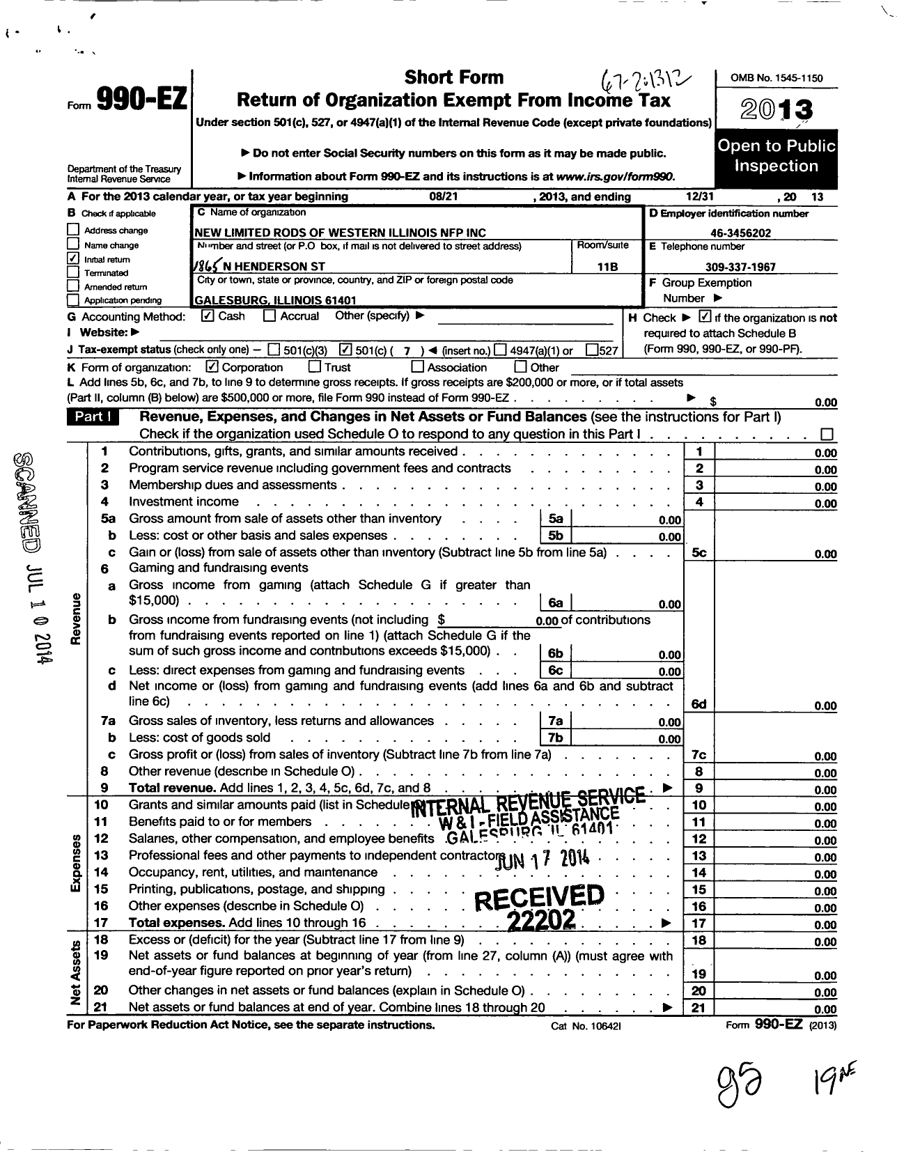 Image of first page of 2013 Form 990EO for New Limited Rods of Western Illiinois NFP