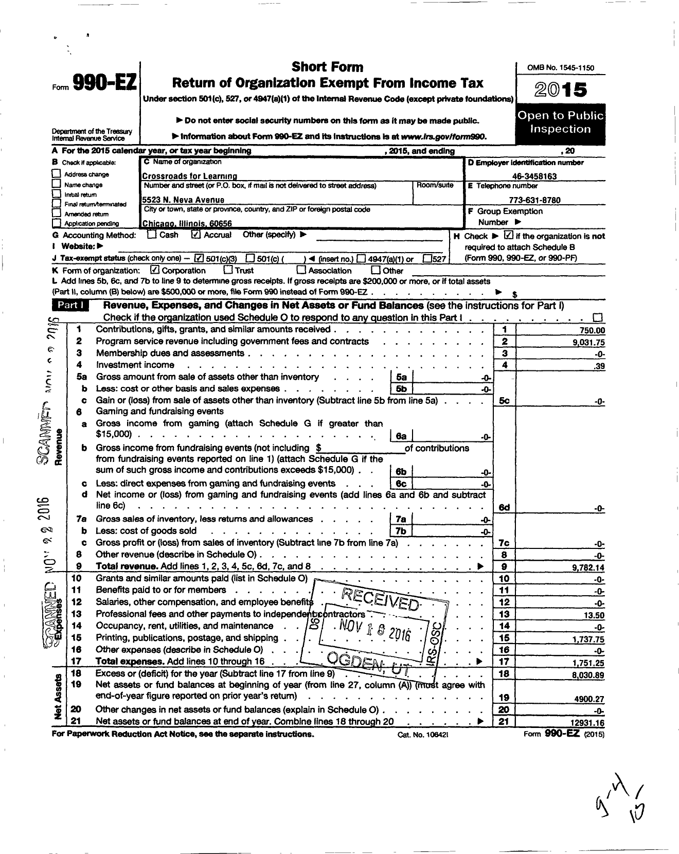 Image of first page of 2015 Form 990EZ for Crossroads for Learning