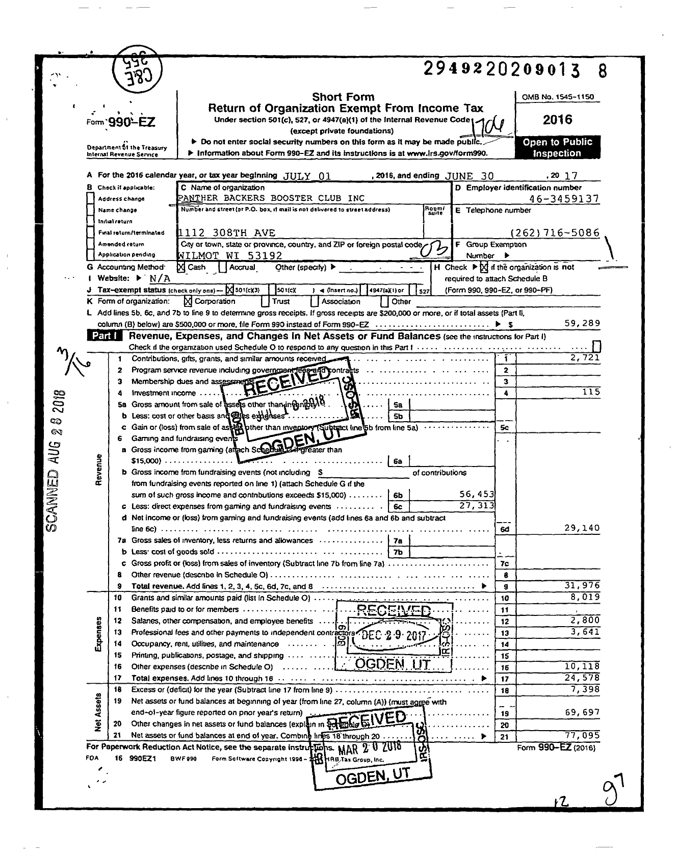 Image of first page of 2016 Form 990EZ for Panther Backers Booster Club