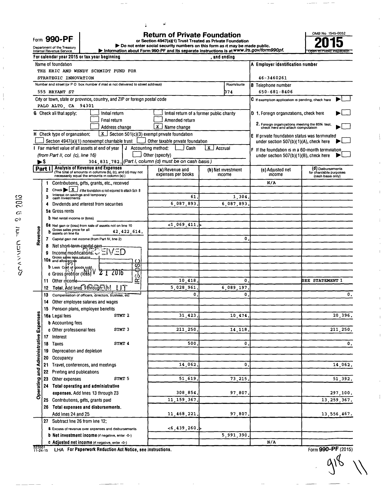 Image of first page of 2015 Form 990PF for The Eric and Wendy Schmidt Fund for Strategic Innovation