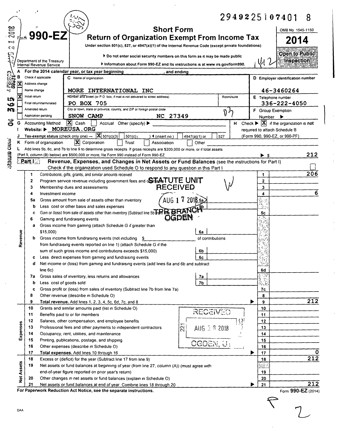 Image of first page of 2014 Form 990EZ for More International