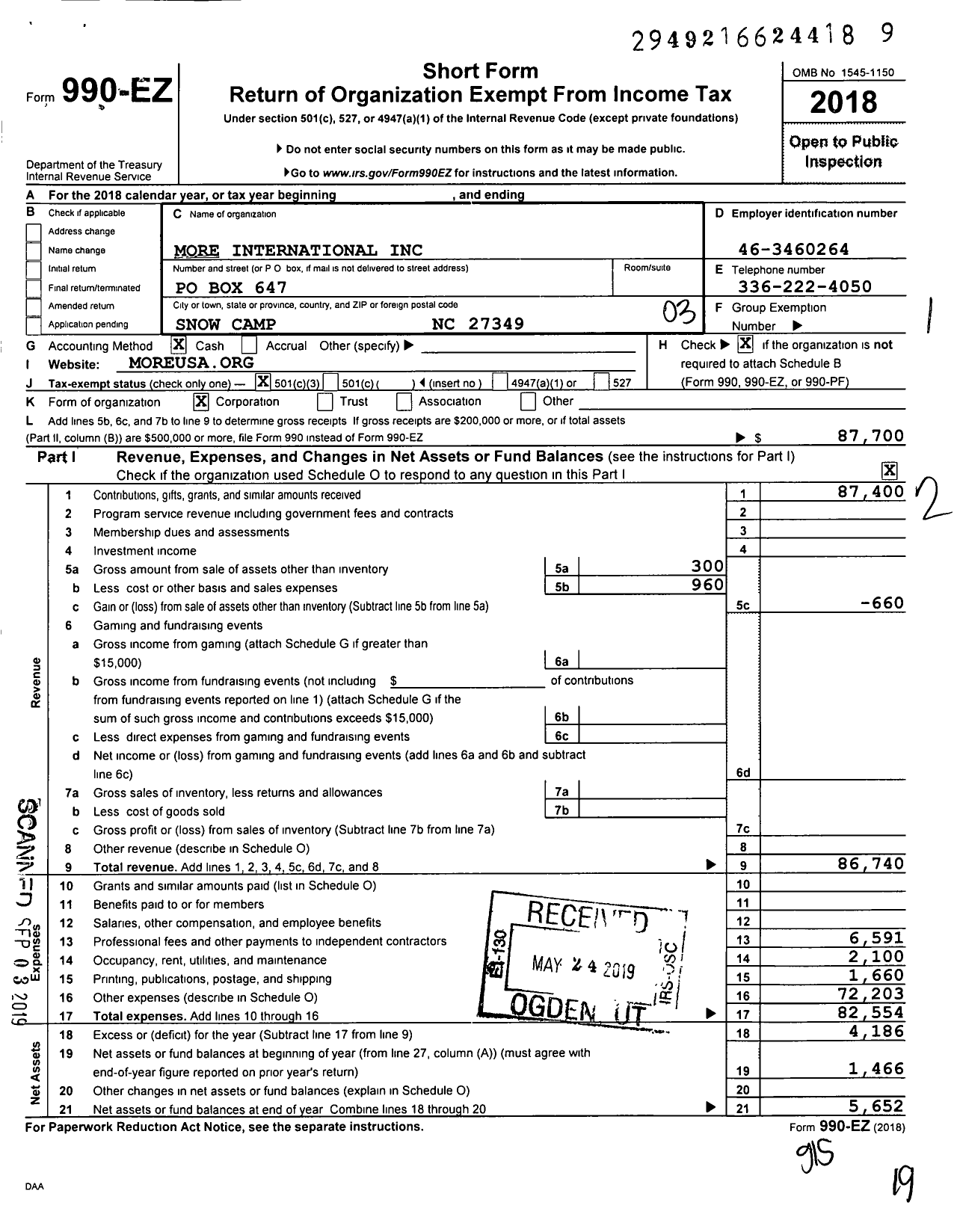 Image of first page of 2018 Form 990EZ for More International