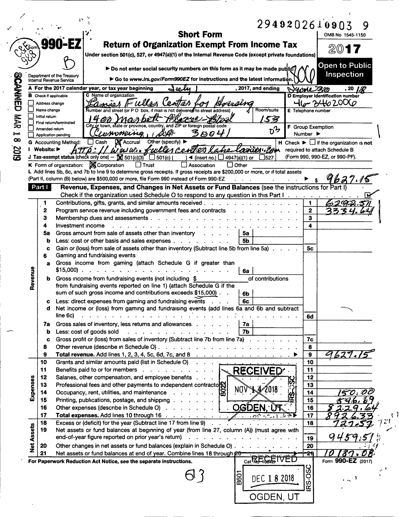 Image of first page of 2017 Form 990EZ for The Fuller Center for Housing