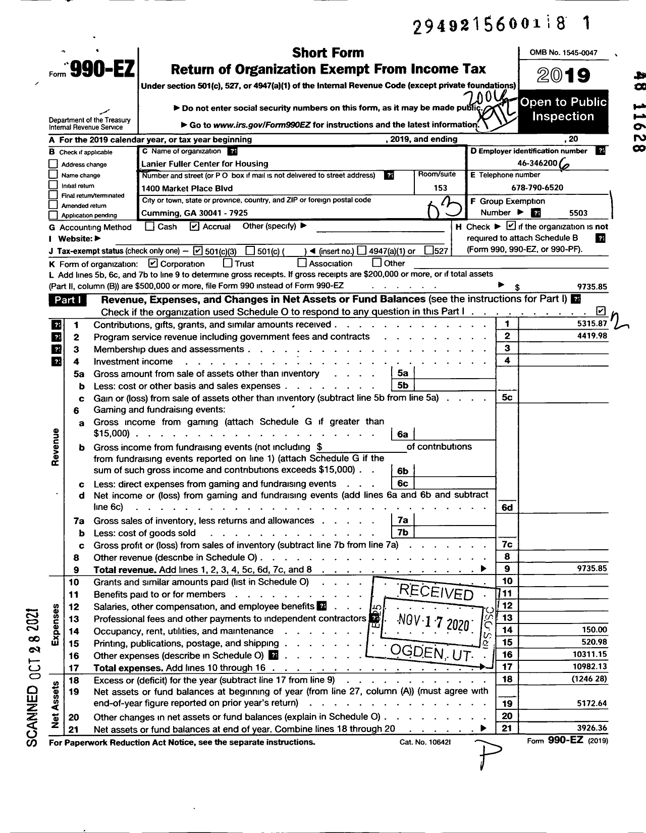 Image of first page of 2019 Form 990EZ for The Fuller Center for Housing